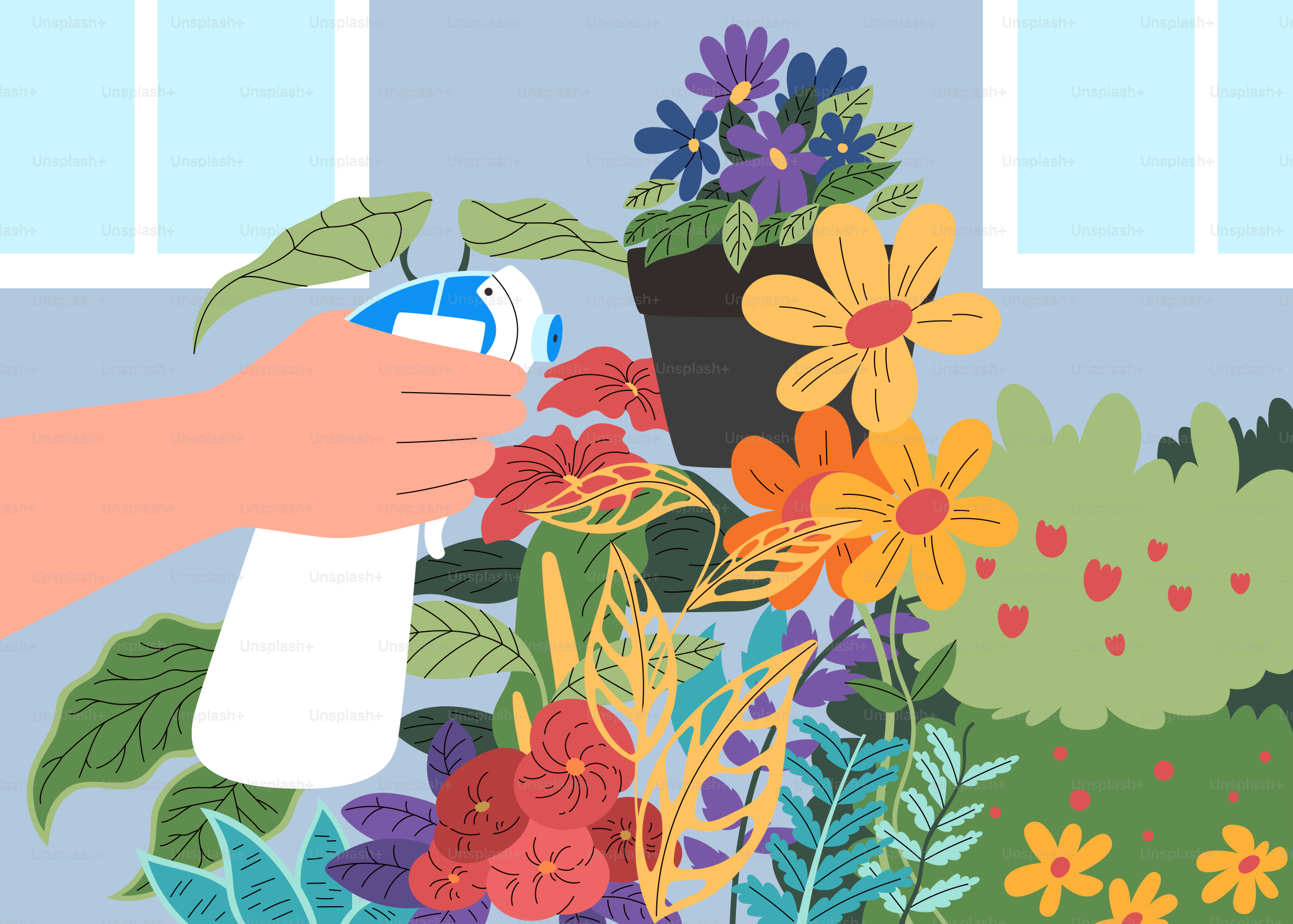 Alguien está rociando agua sobre las plantas.