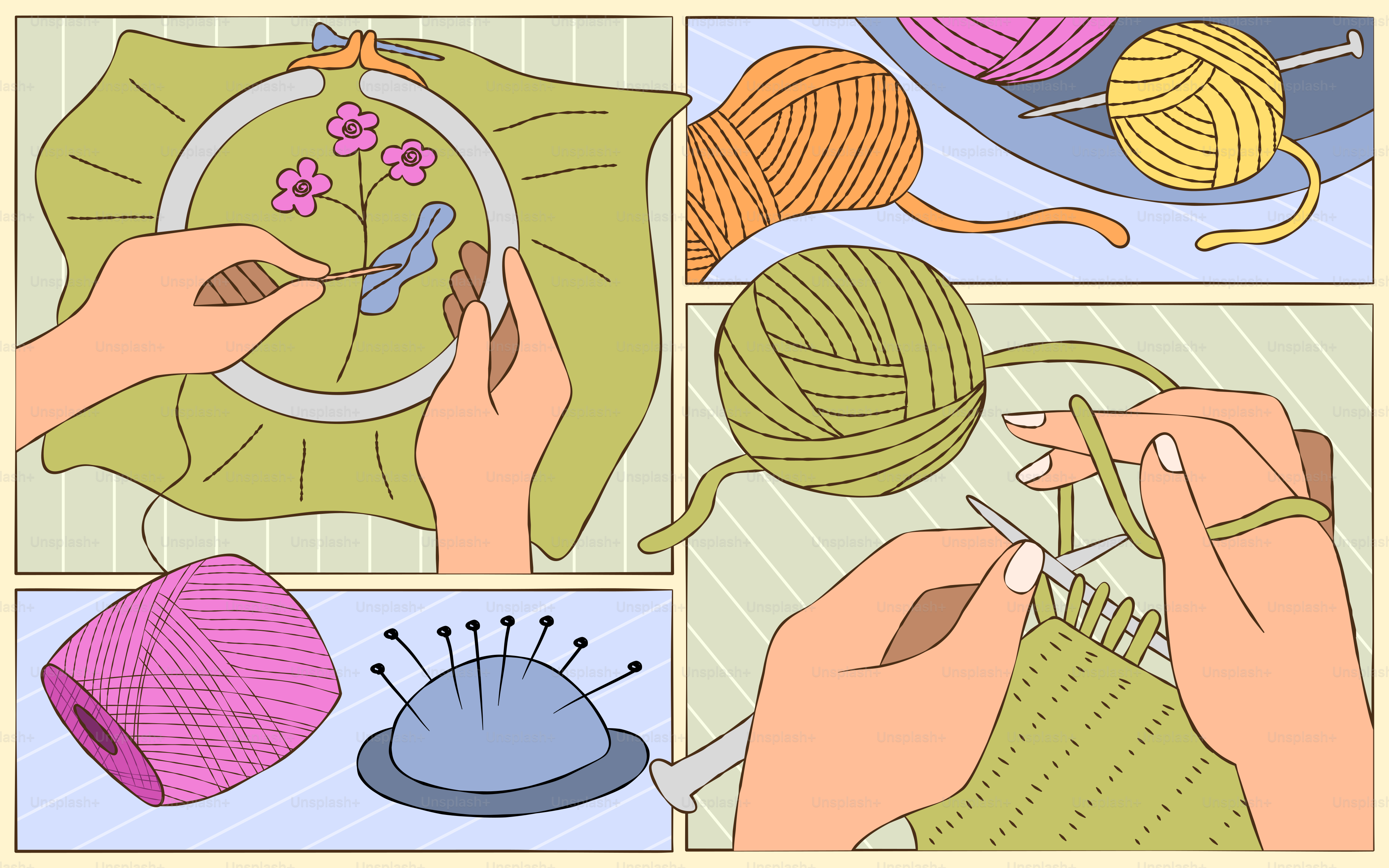 Hands are crafting with yarn and needles.