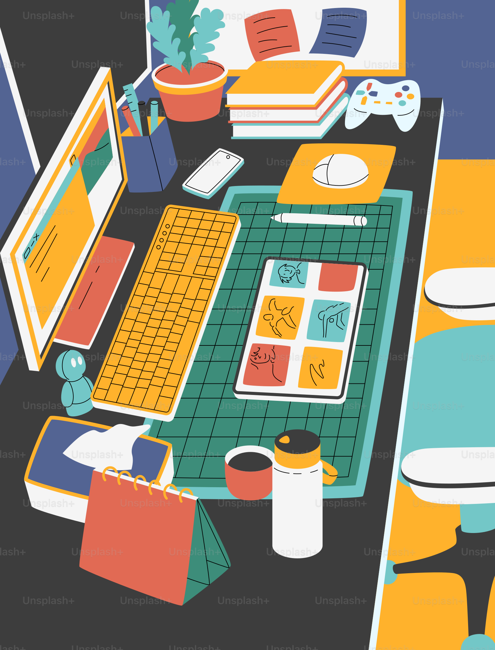 Meja sibuk dengan perlengkapan kantor dan gadget.