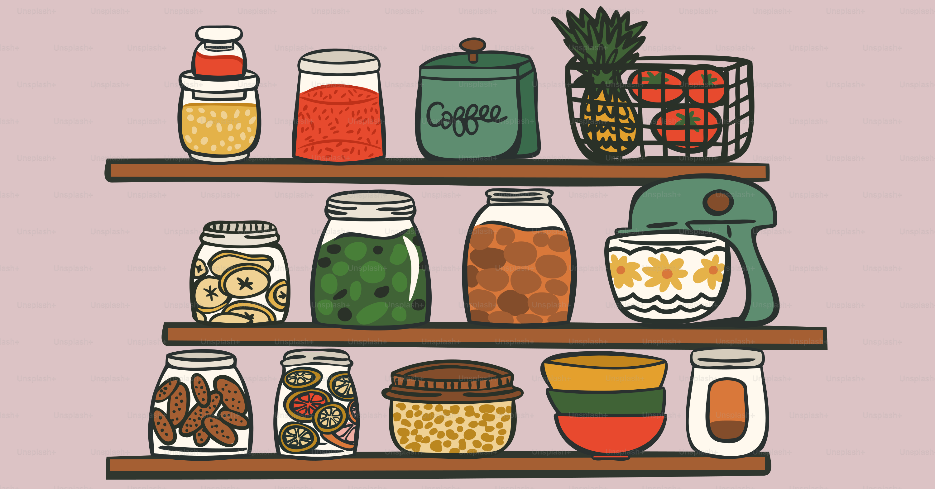 棚には瓶や様々な品々が並んでいます。