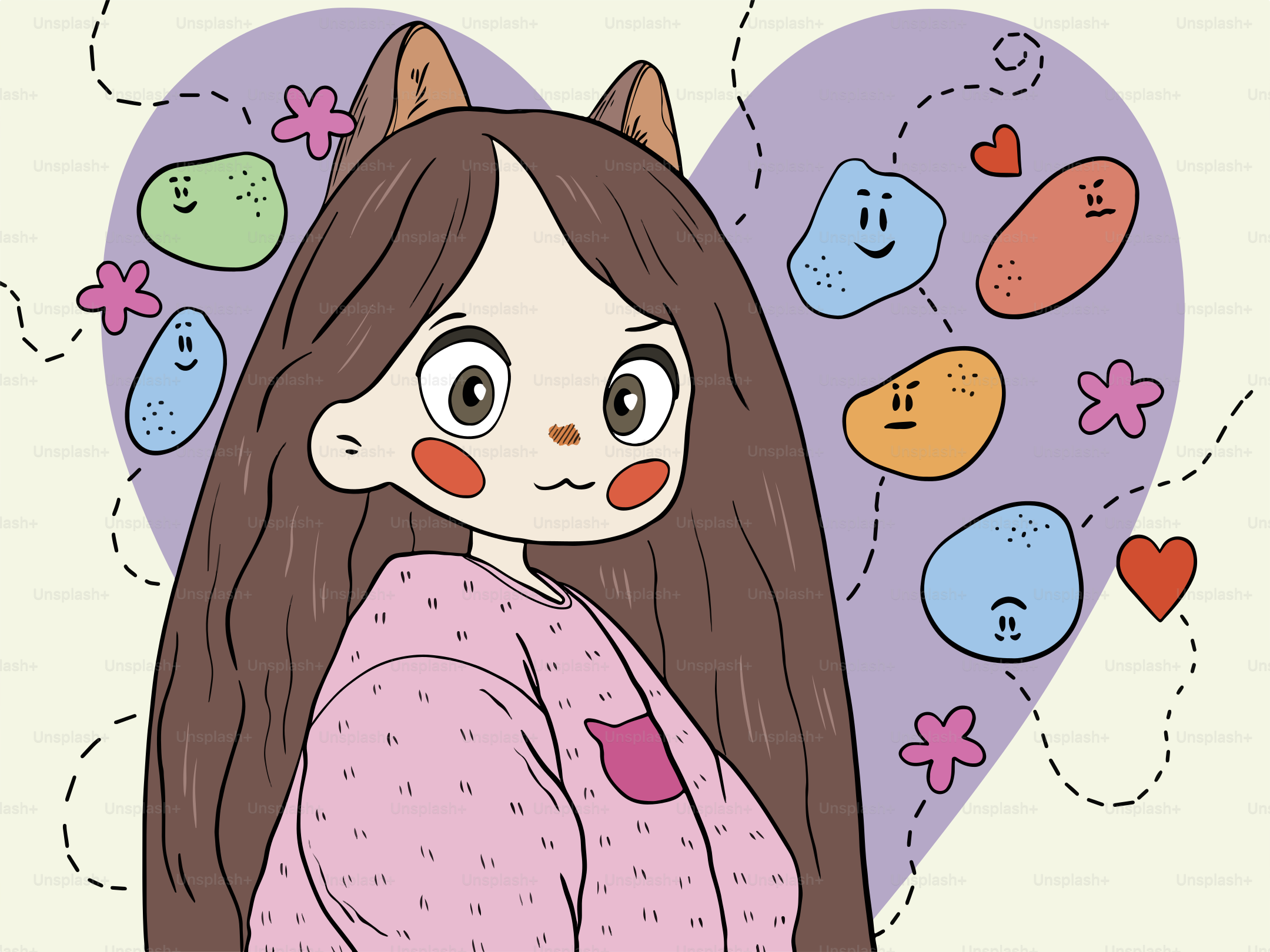 Chica de anime mona rodeada de corazón y caras graciosas.