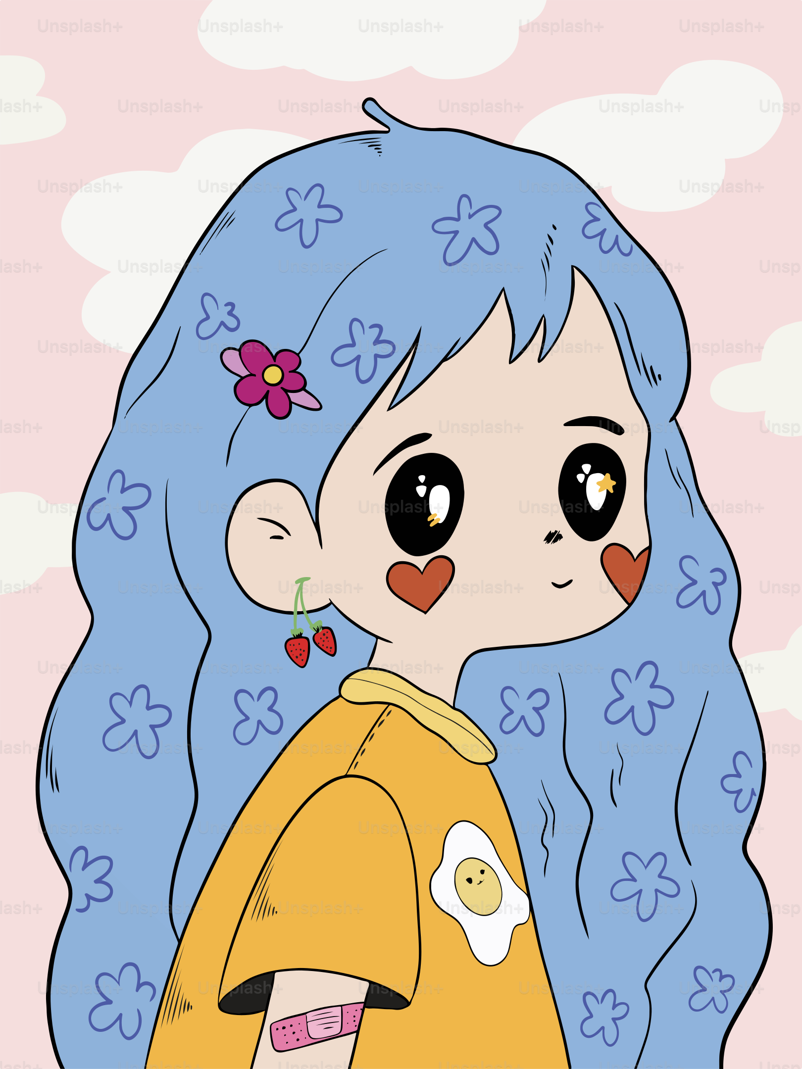 Cute cartoon girl with blue hair and flowers.