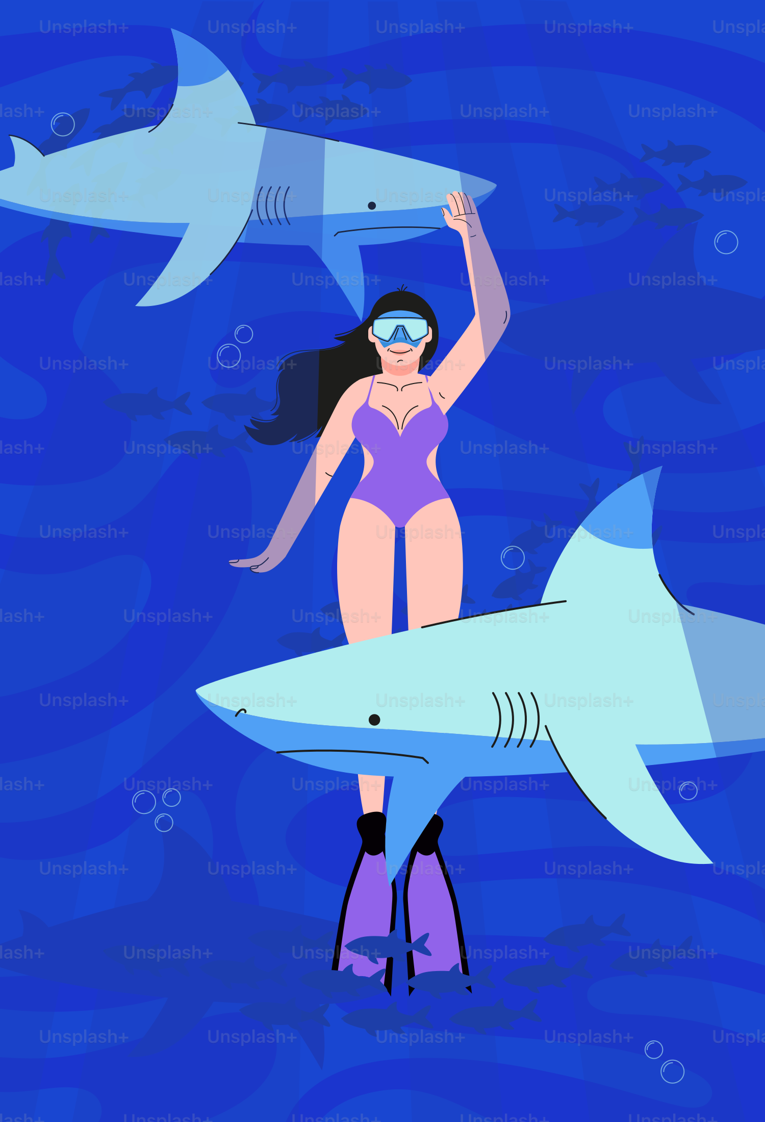 Woman swims with sharks in the deep blue sea.