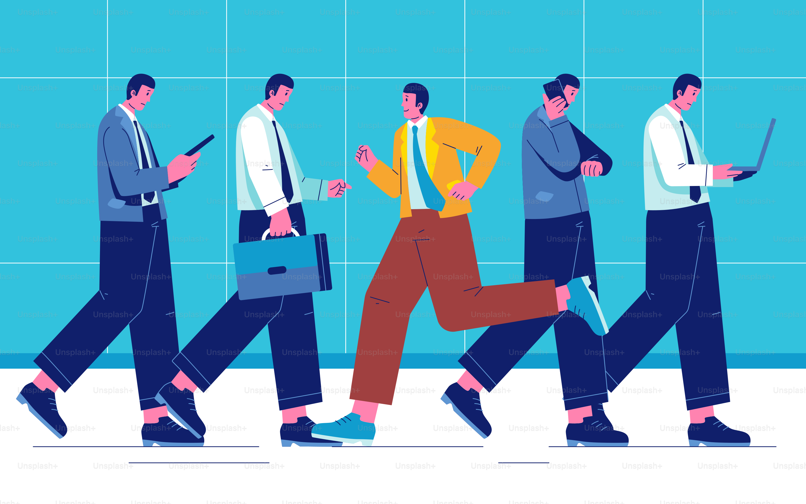 Five businessmen walk, one runs in a group.