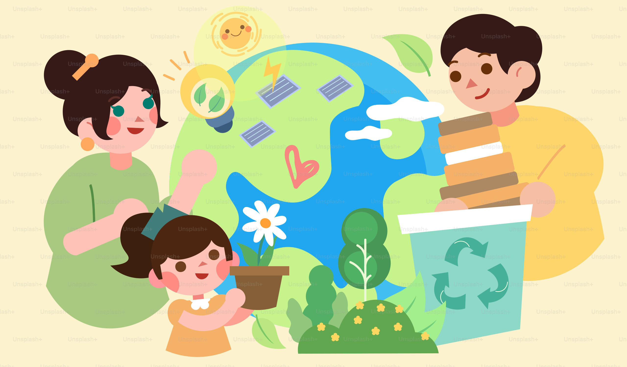 A família cuida da terra com reciclagem e plantas.