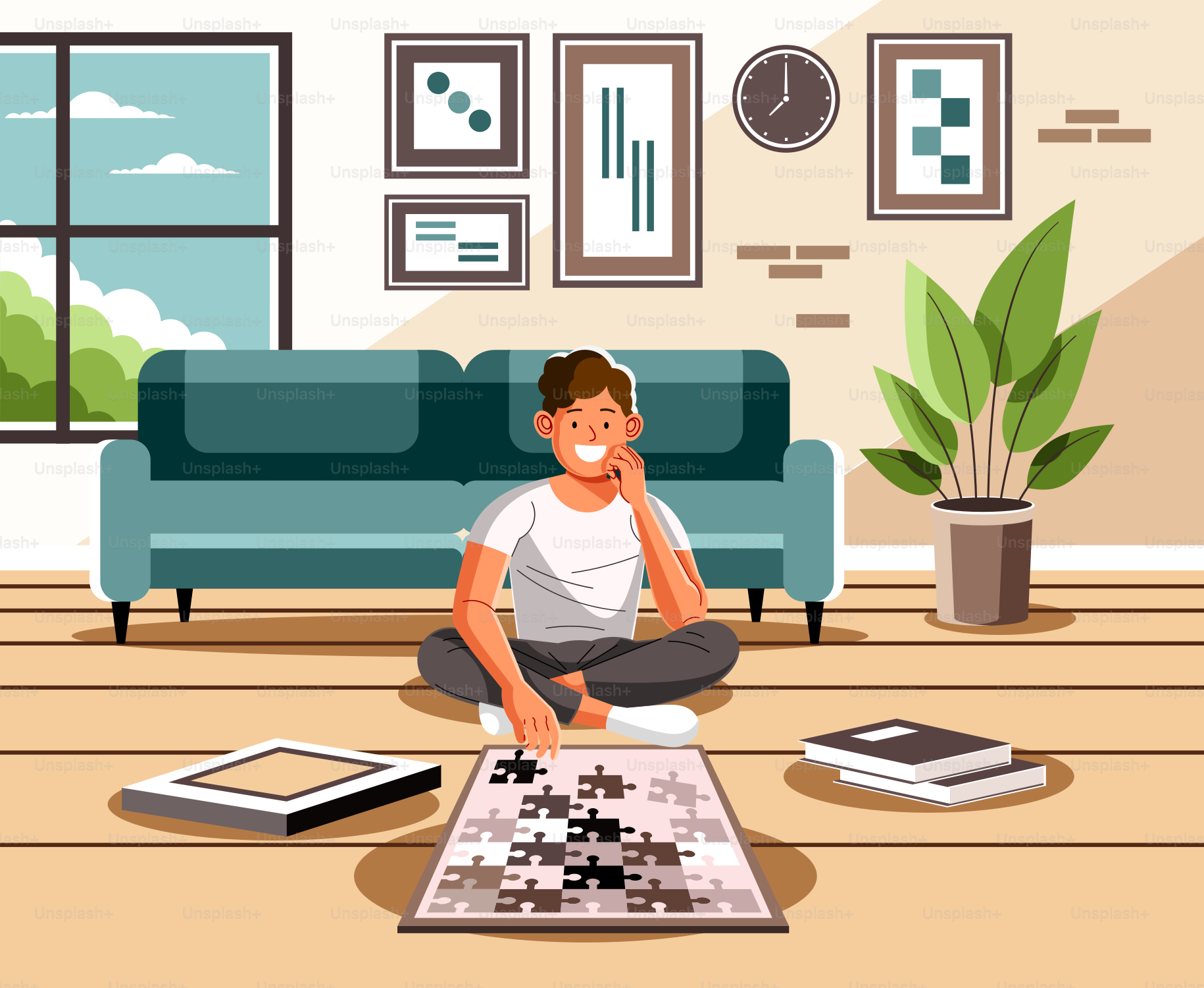 L’homme profite d’un puzzle dans son salon.