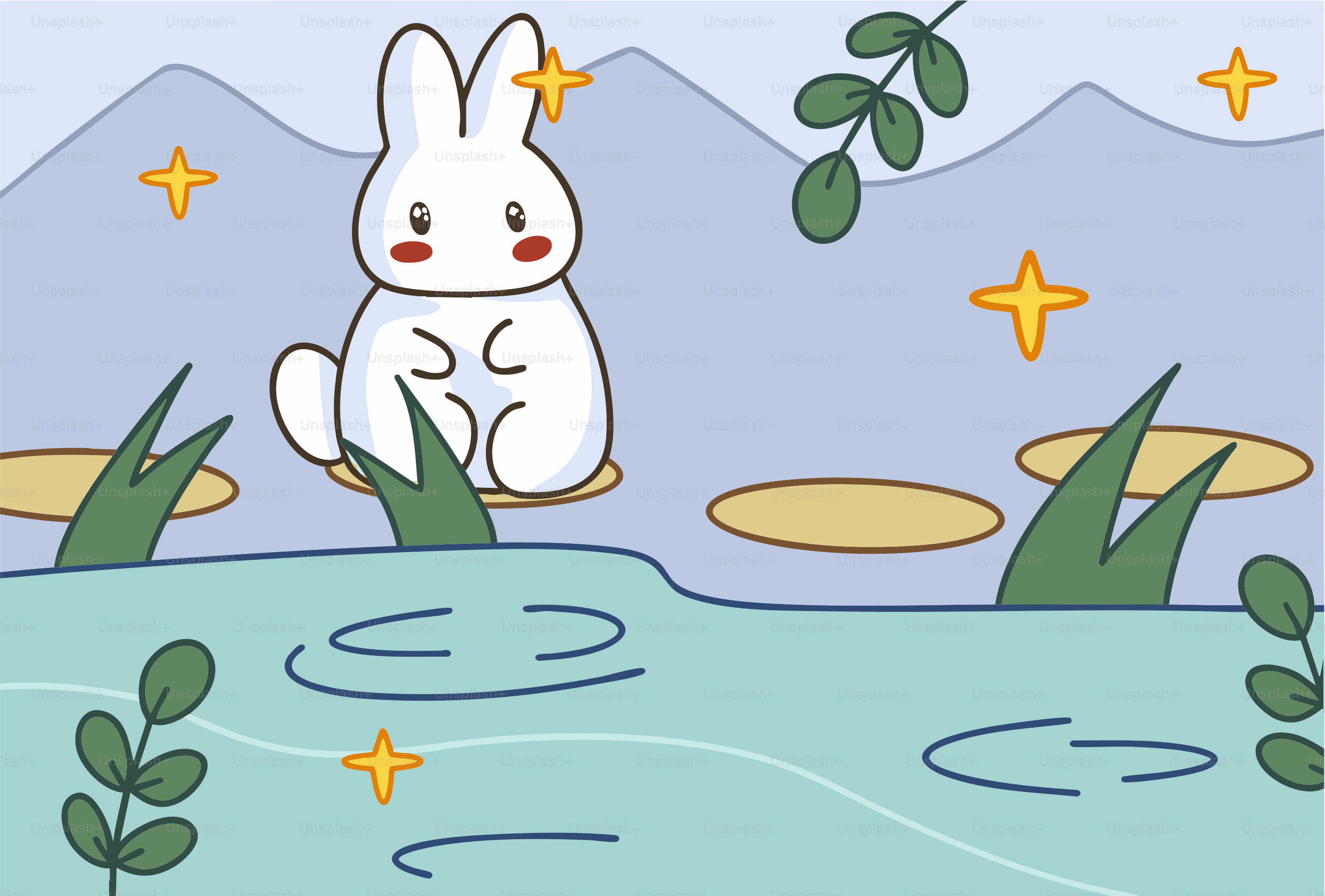 Ein süßes Kaninchen sitzt am Wasser.