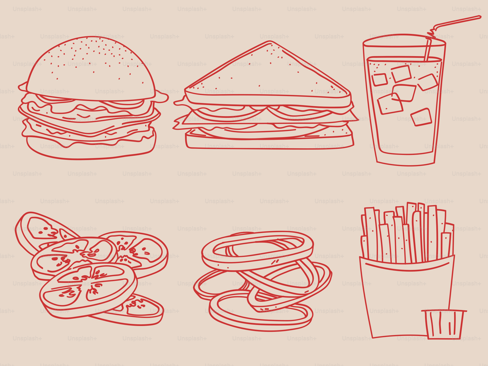 Outlined fast food and ingredients are shown.