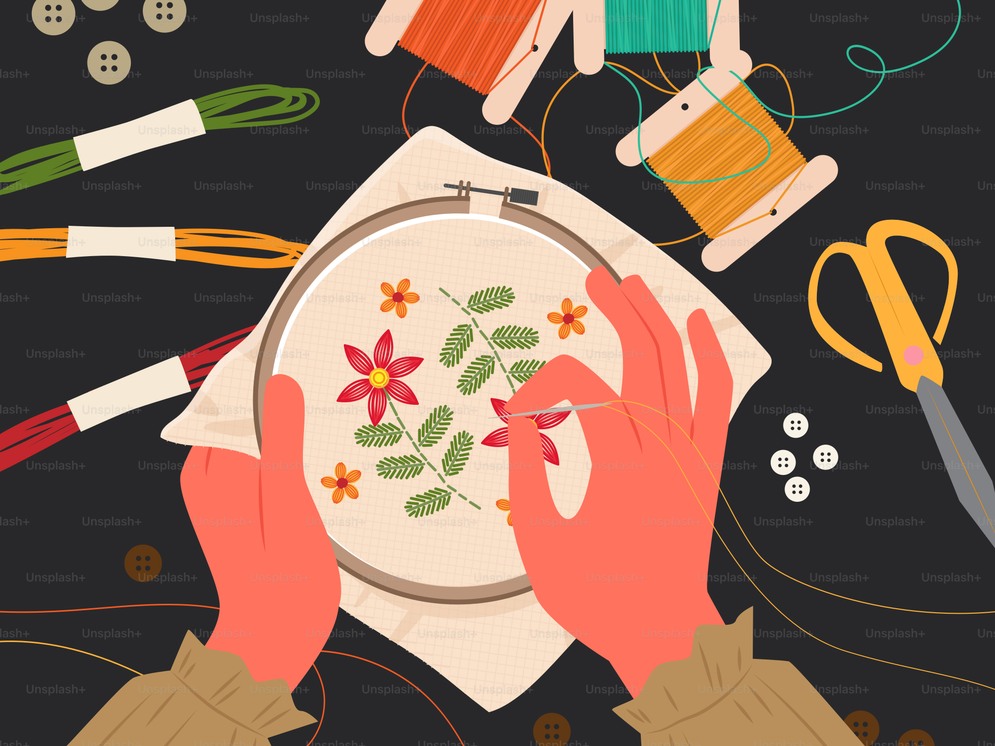 Embroidery in progress with hands, threads, and frame.