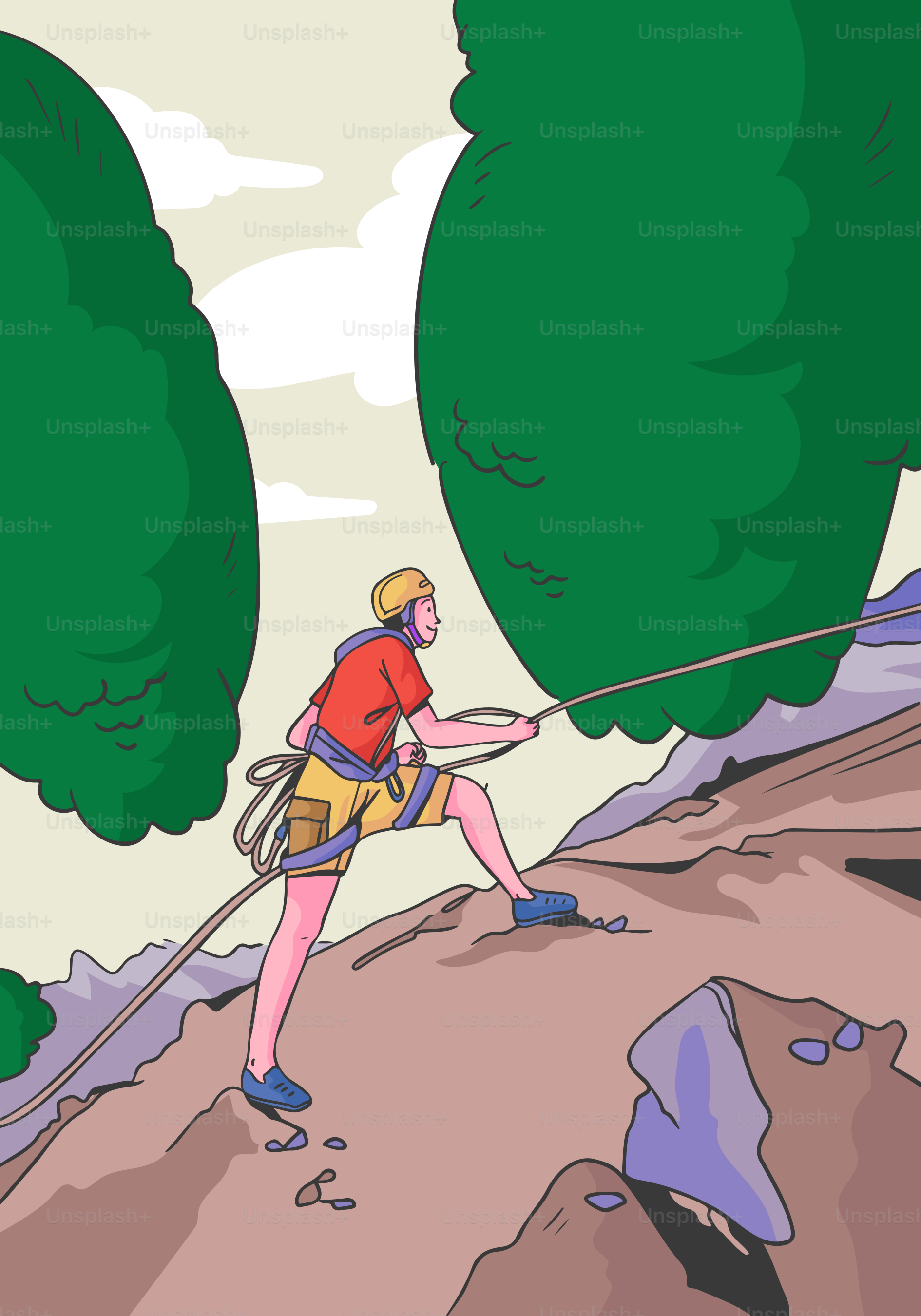 A climber ascends a mountain with a rope.