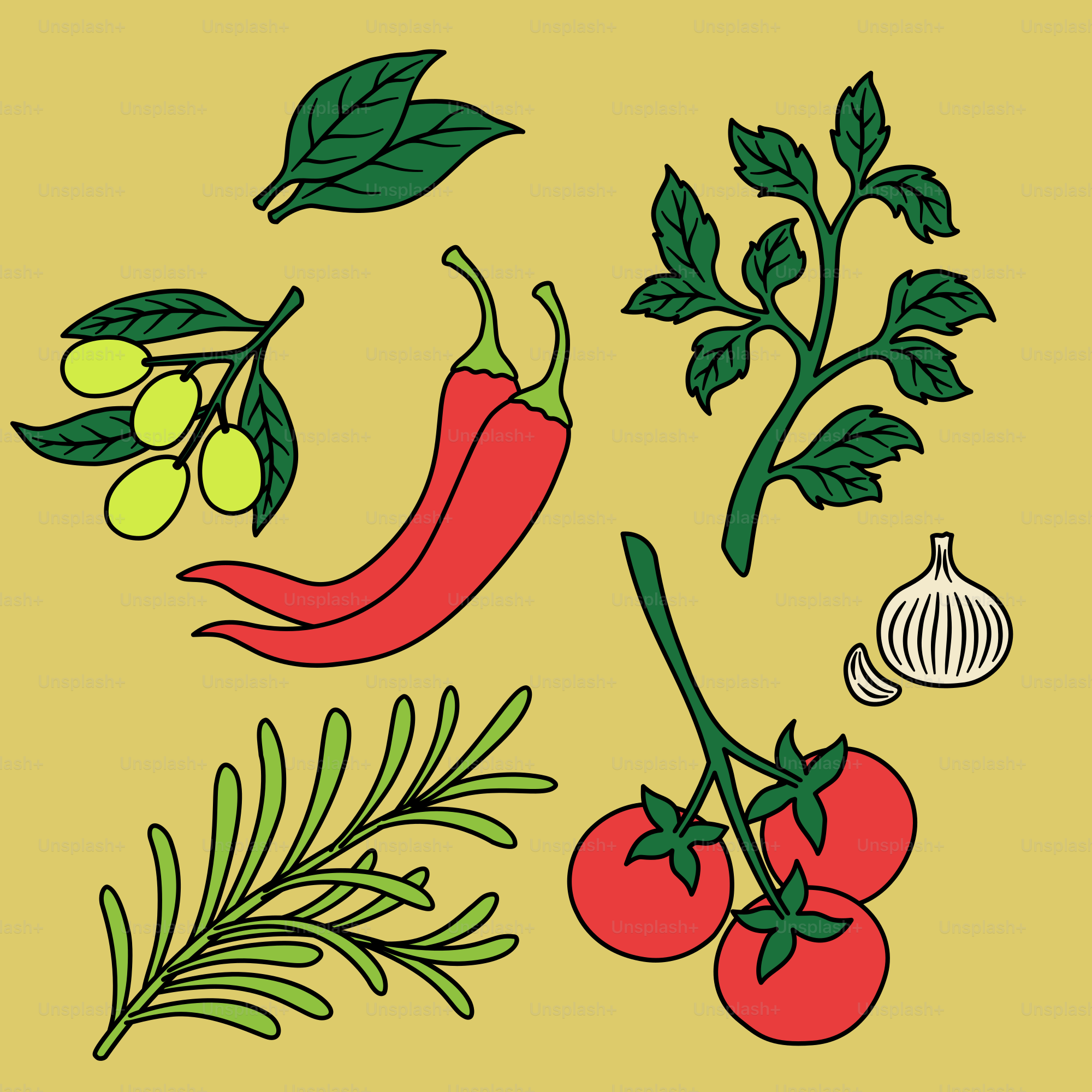 Fresh herbs, vegetables, and olives.