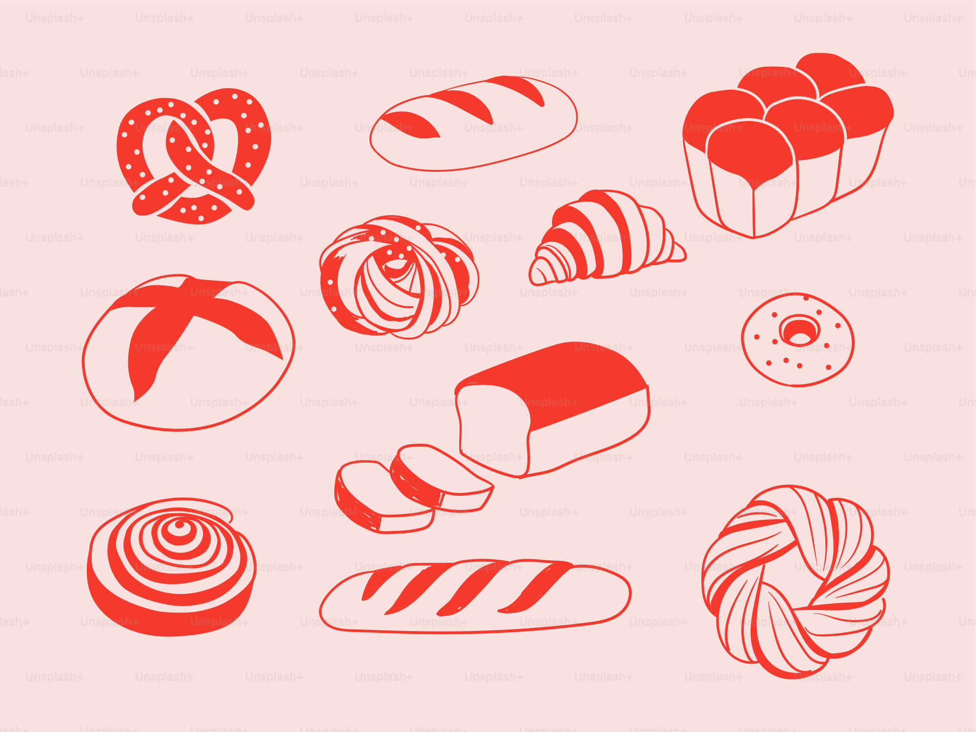 Variety of baked goods in red outline.