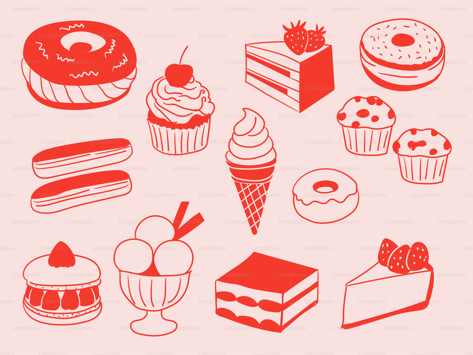 Delicious desserts are arranged on a pink background.