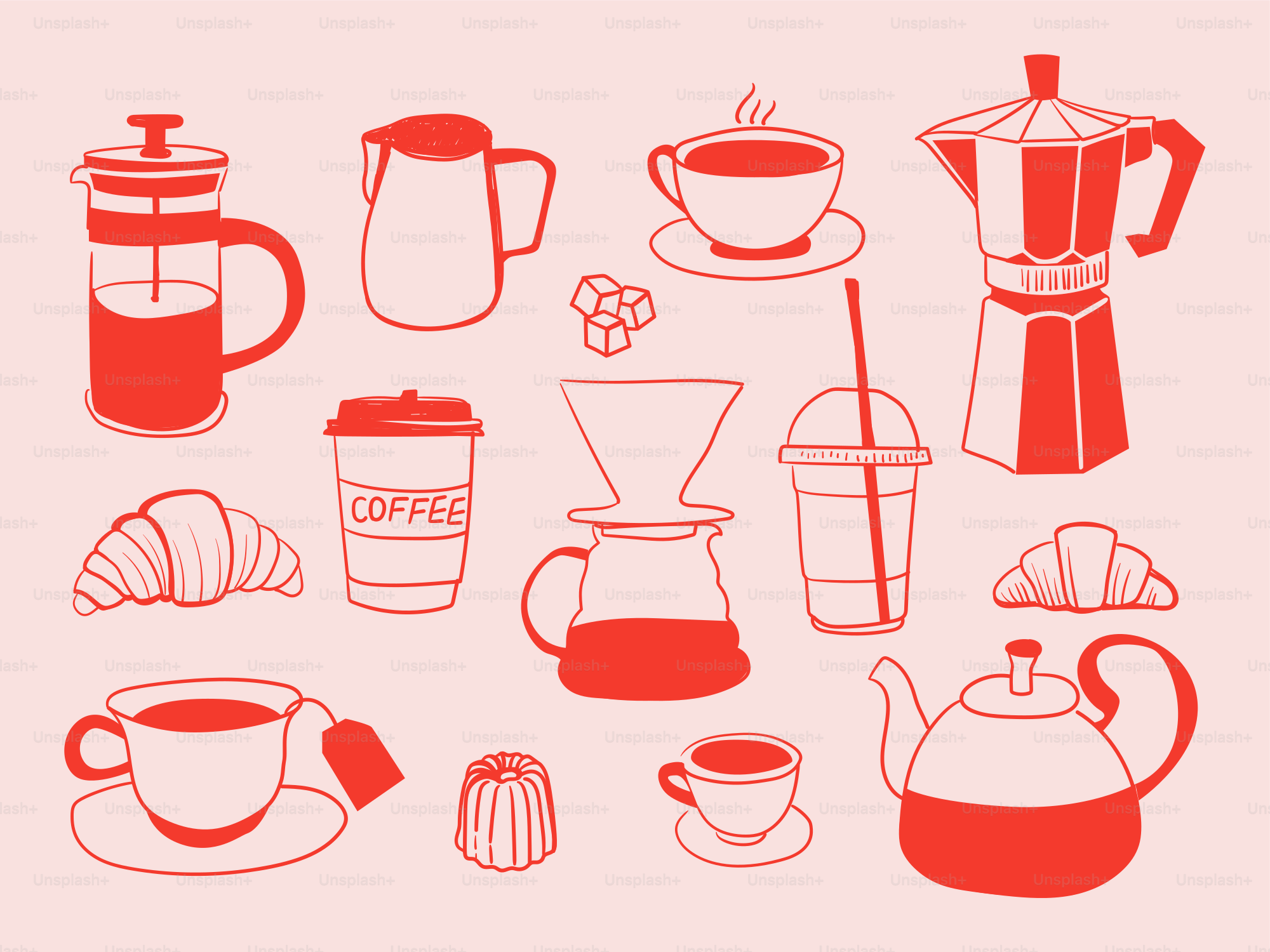Coffee and pastry illustrations on a pink background.