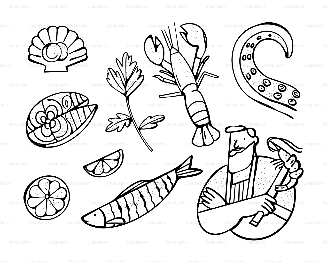 Seafood and a chef are ready to cook.