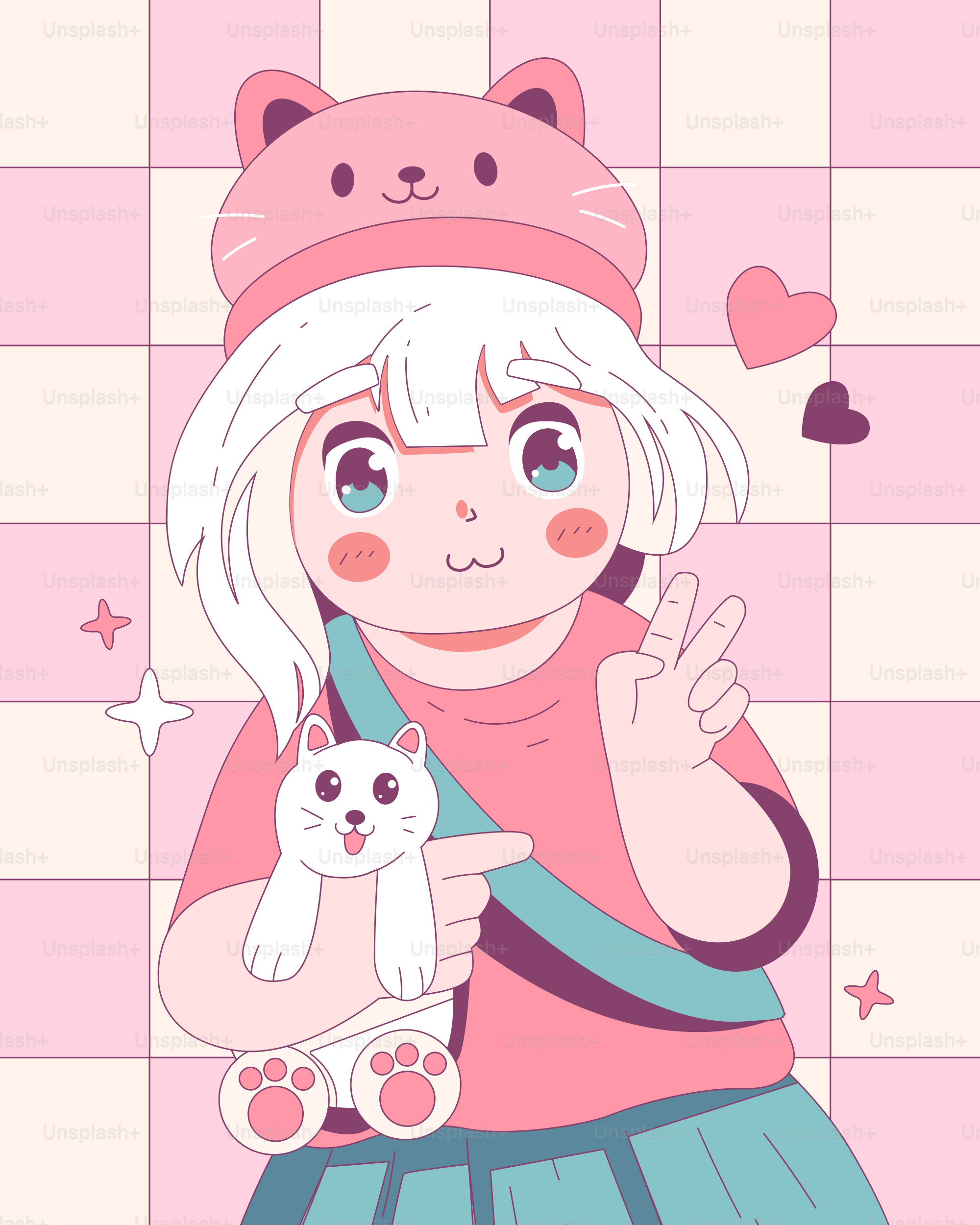 Ein süßes Mädchen mit Katzenhut zeigt Friedenszeichen. Vektor – Bild zum  Thema Anime auf Unsplash, image size:3000x3750