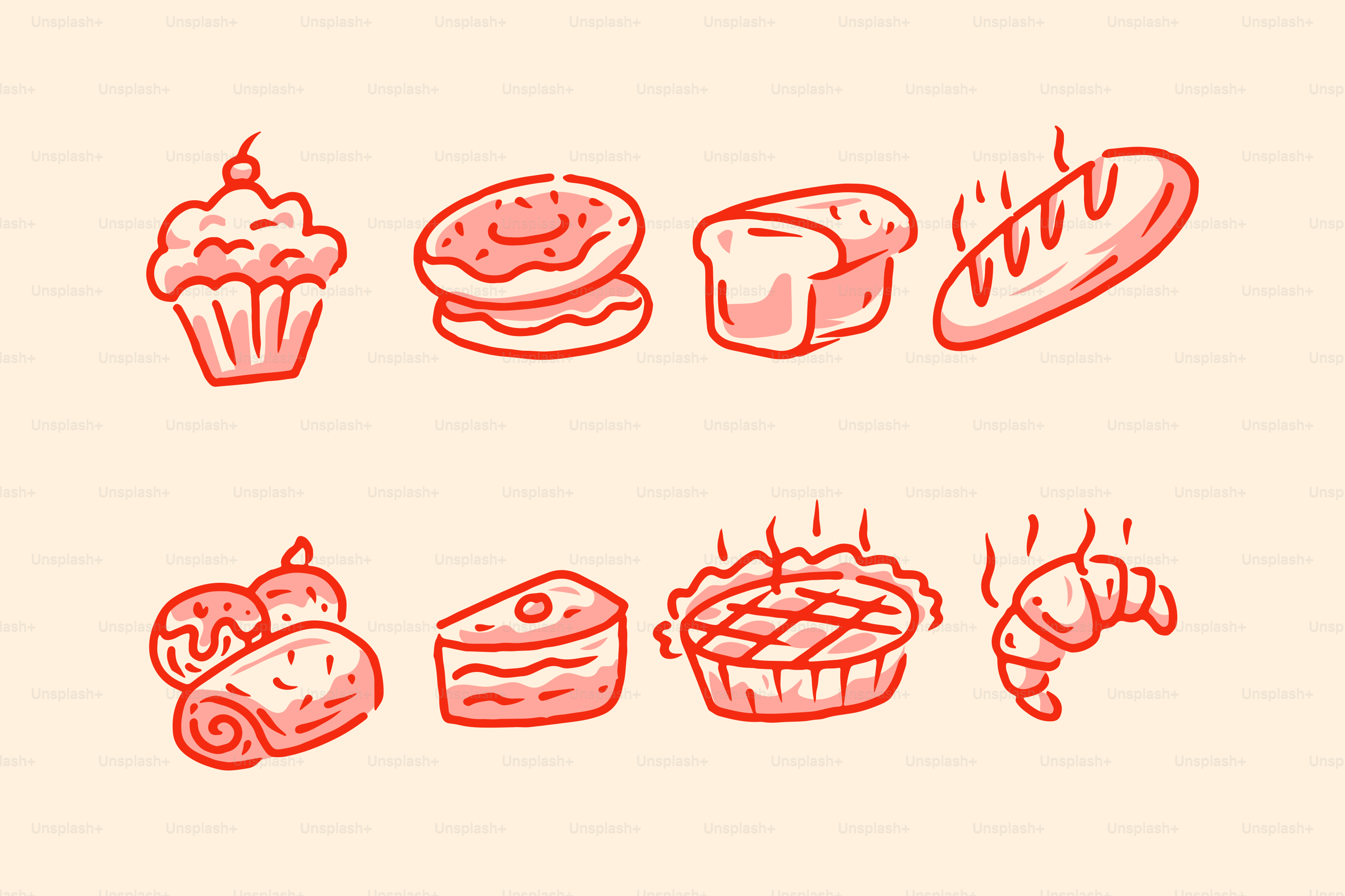 Various baked goods in a sketchy, red style.
