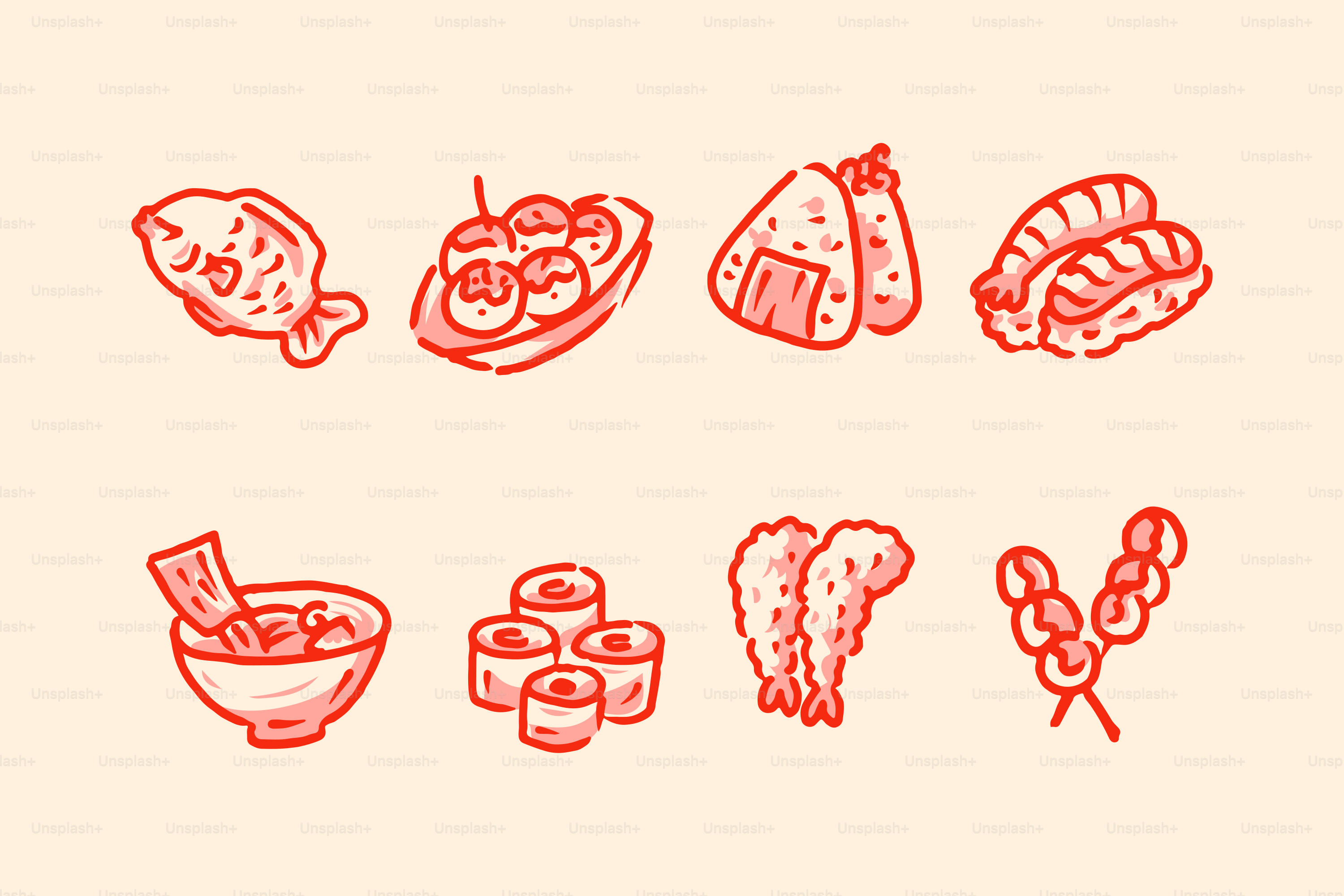 Varias ilustraciones de comida japonesa en rojo.