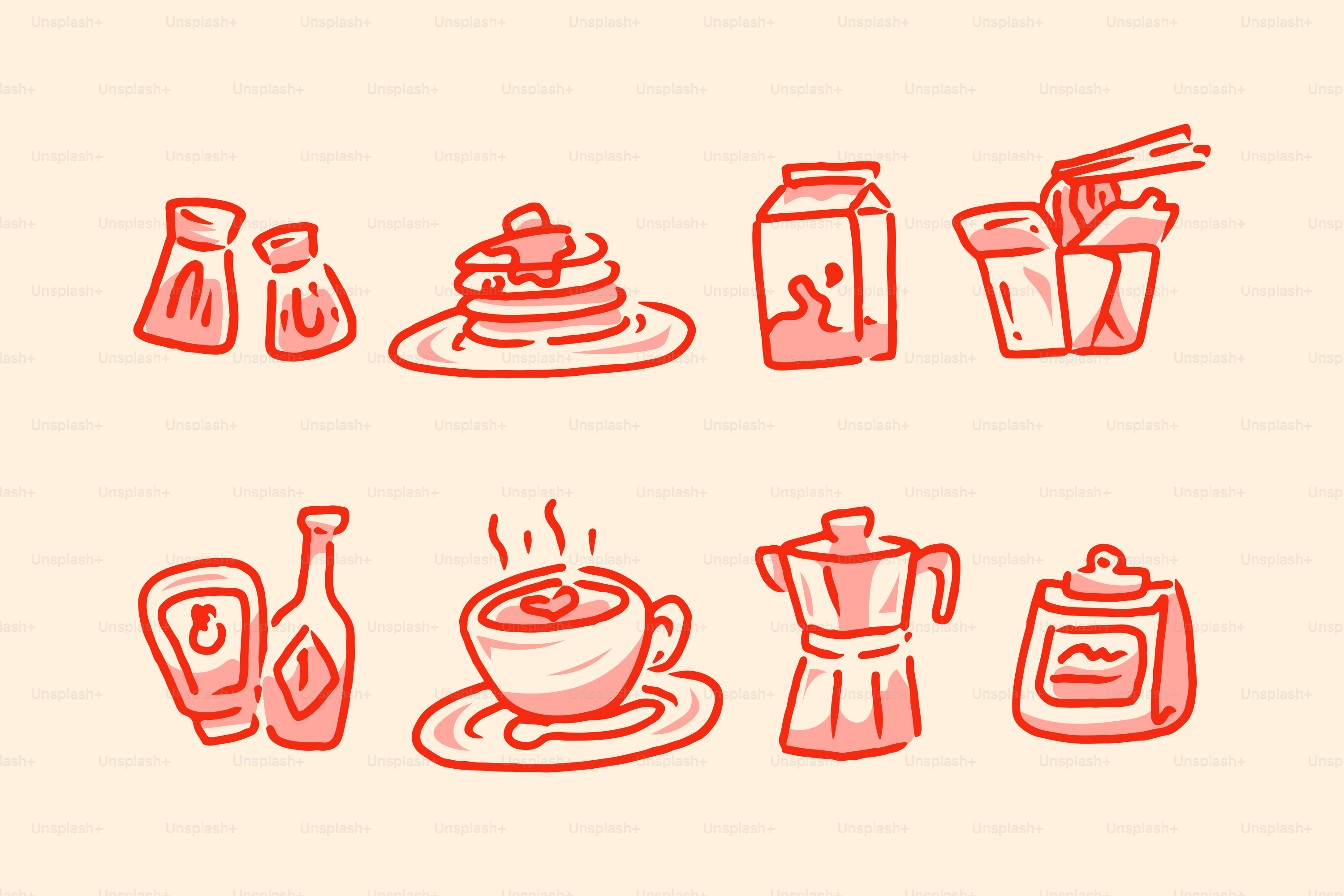 Drawn food and drink icons in red.