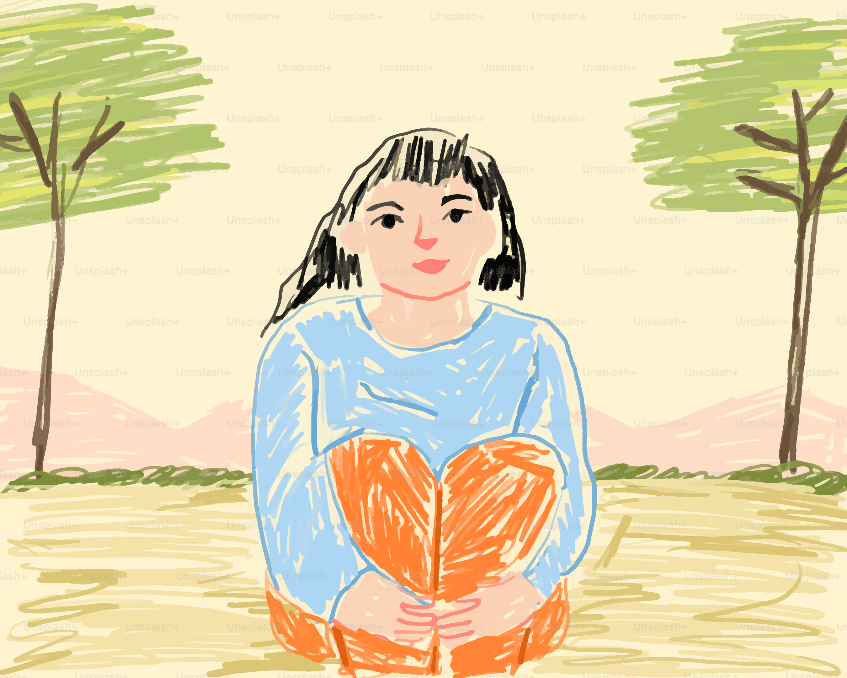 A girl sitting between trees, smiling.