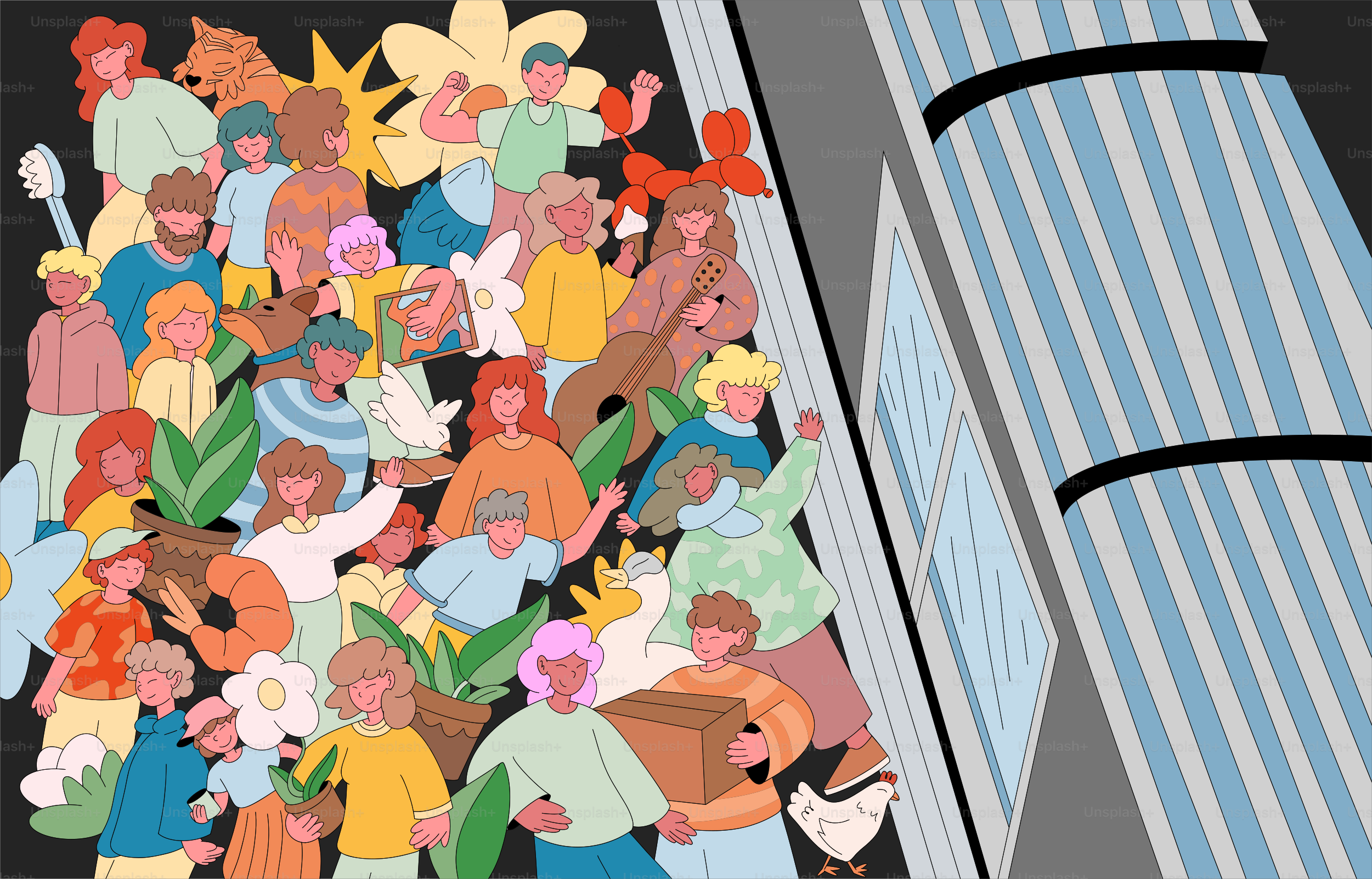 People gather with flowers near a building.