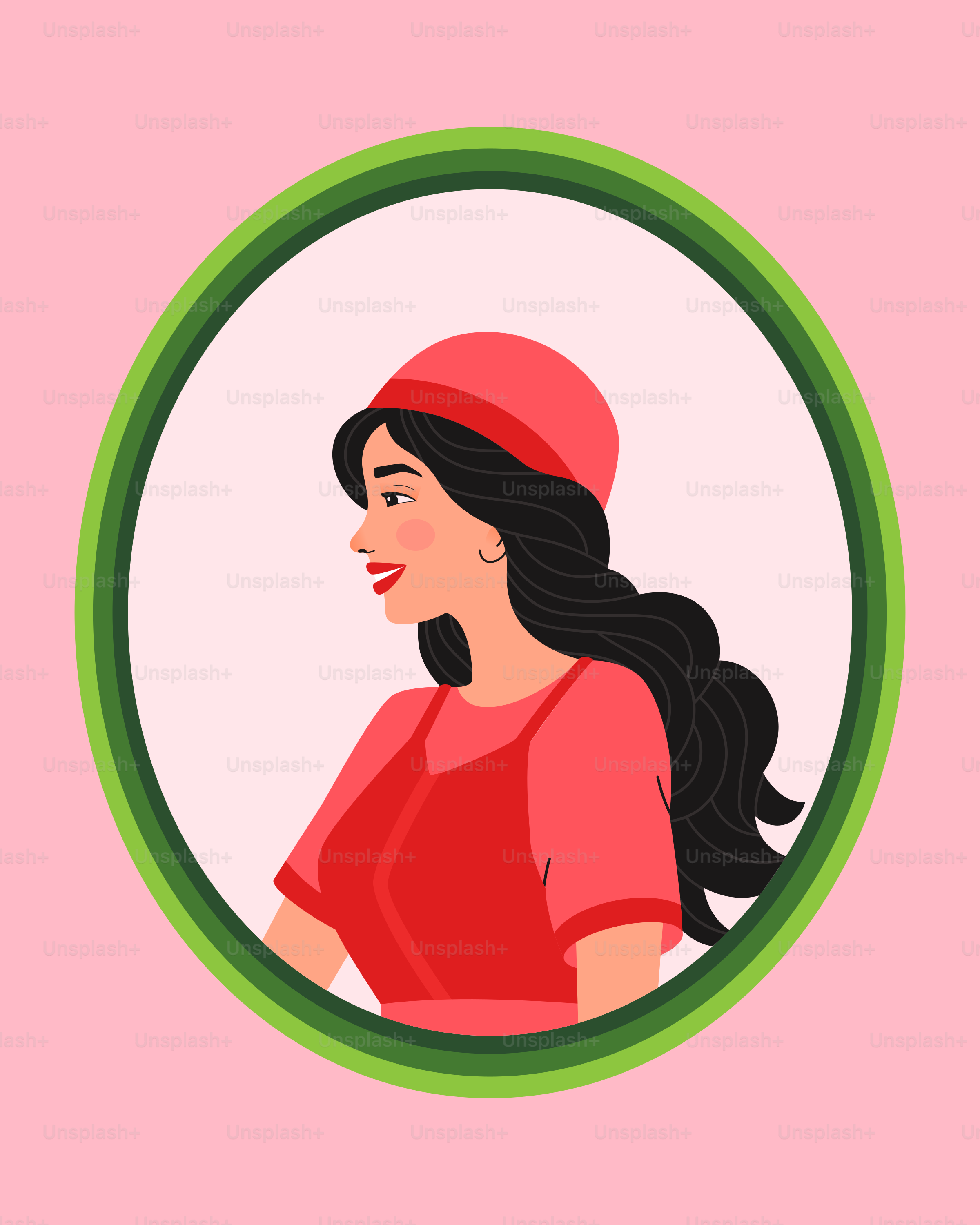 Un portrait de femme dans un cadre vert et rose.