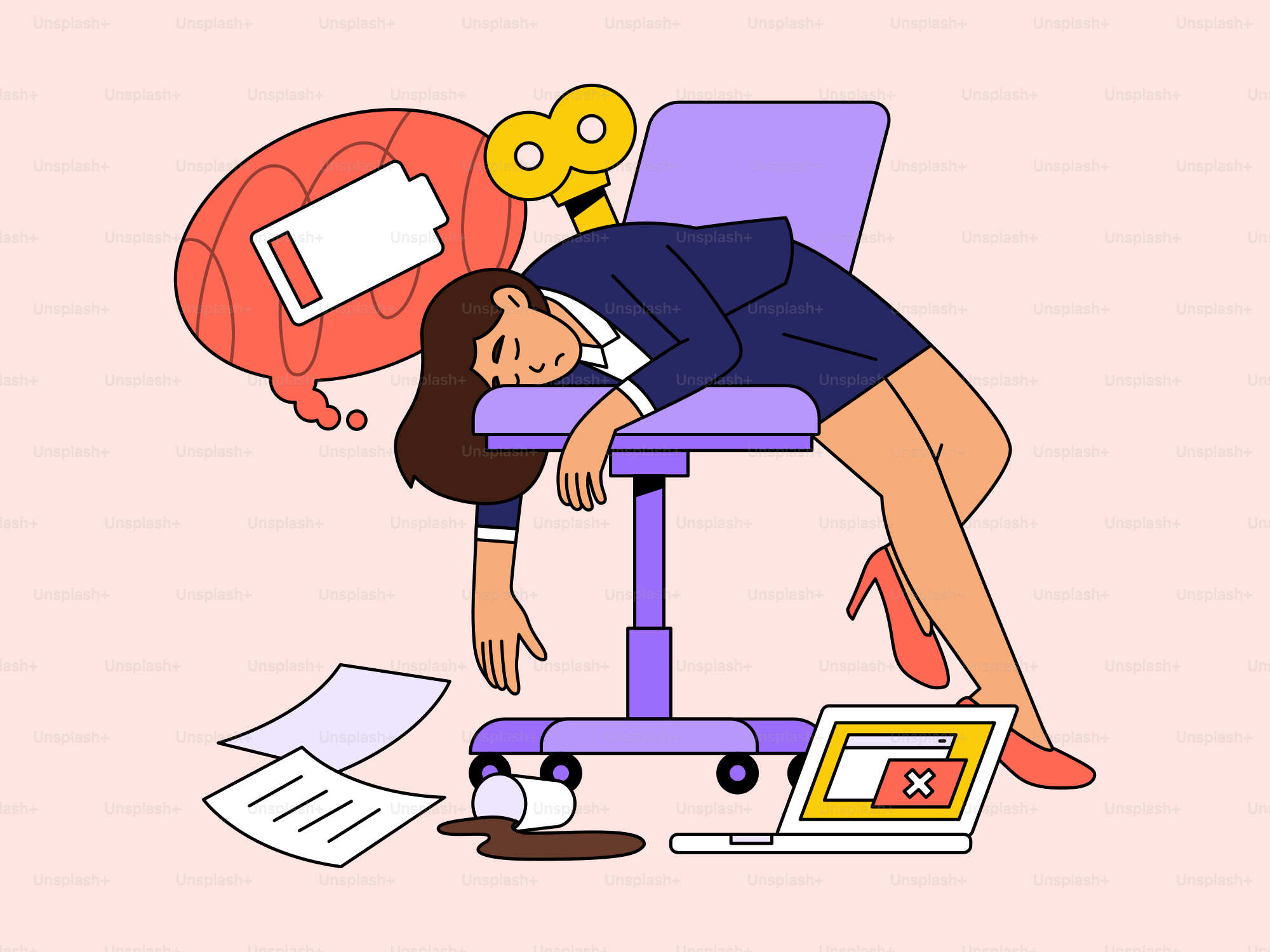 Exhausted worker is out of energy and needs a recharge.