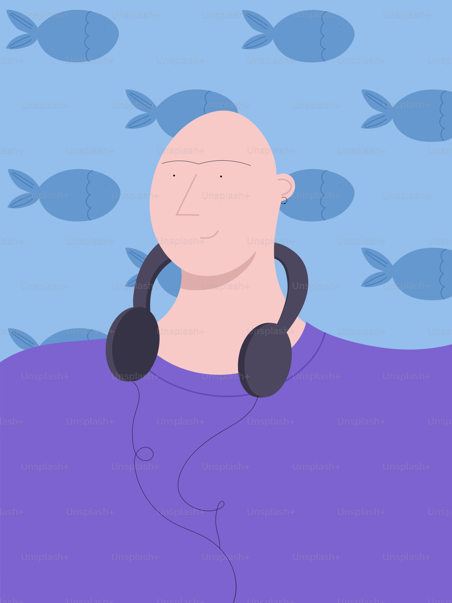 Eine glatzköpfige Person mit Kopfhörern auf blauem Hintergrund.