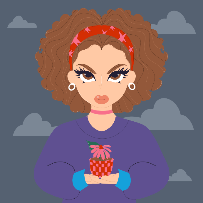 Angry woman holding a small flower pot.