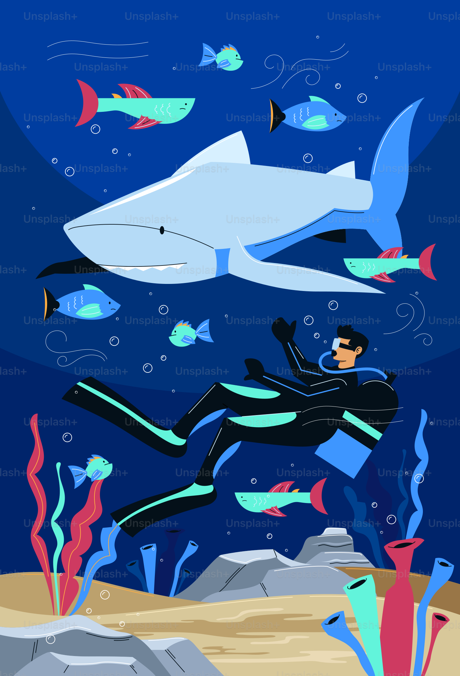 A diver encounters a shark underwater.