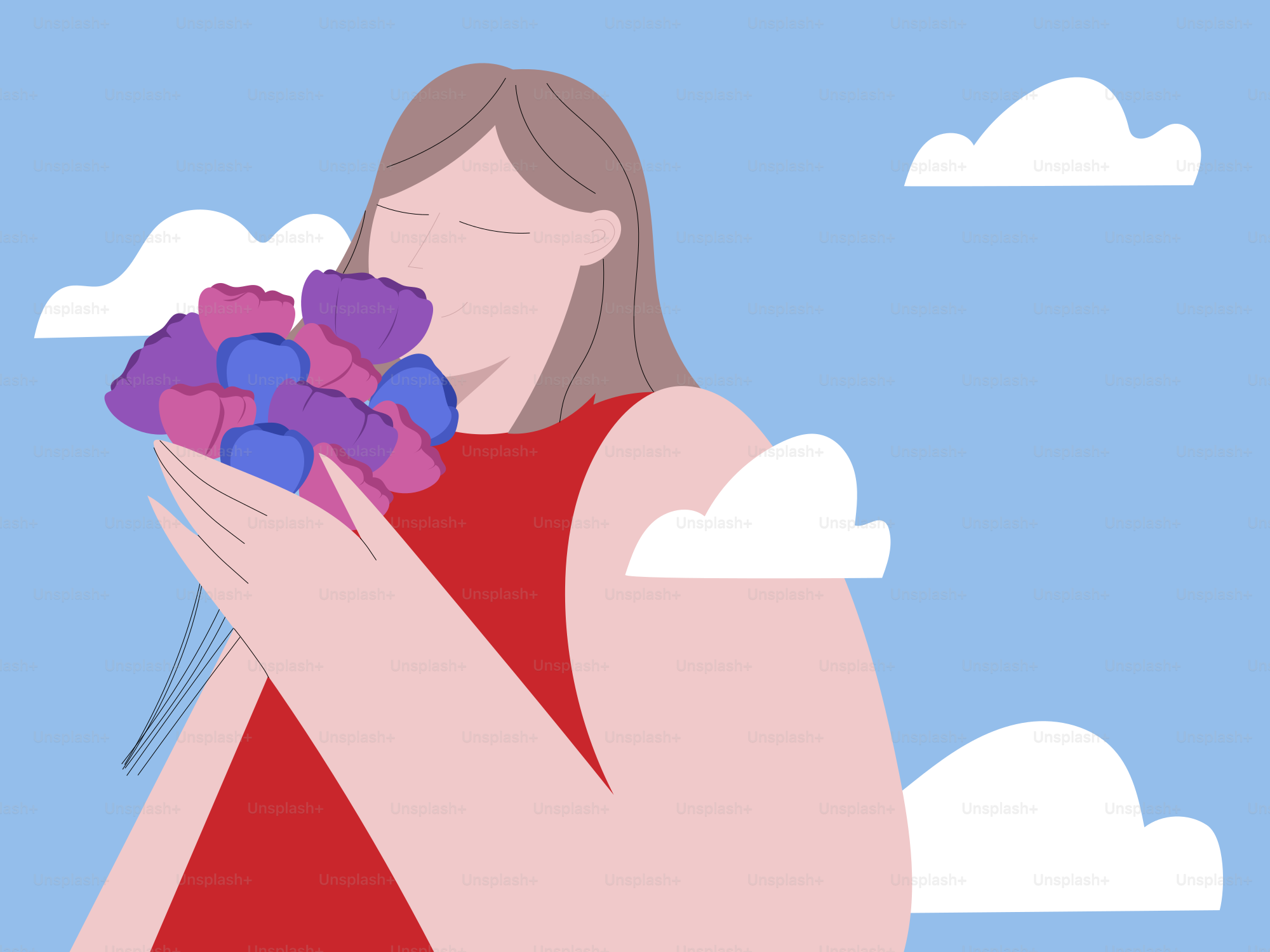 Woman smelling a bunch of colorful flowers.