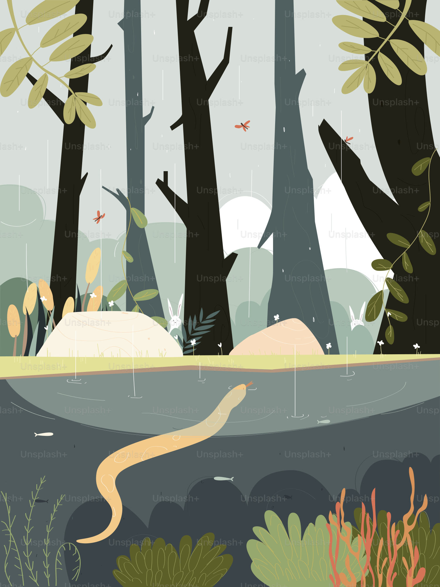 A snake swims through rainy water in the forest.