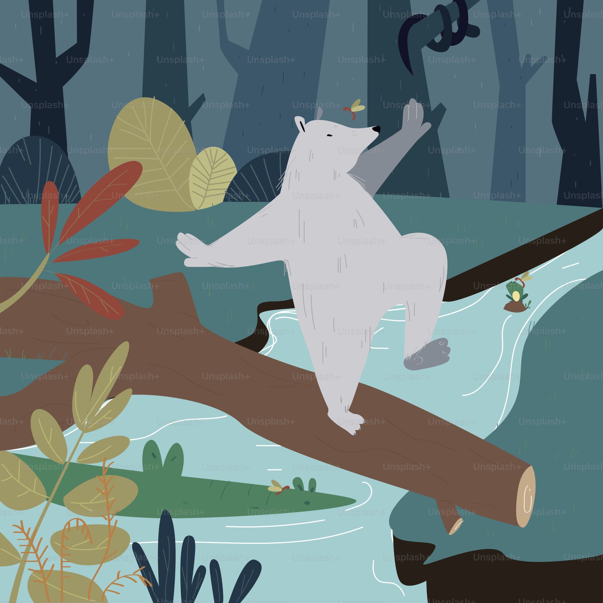 Un orso si sta bilanciando su un tronco sopra l'acqua.