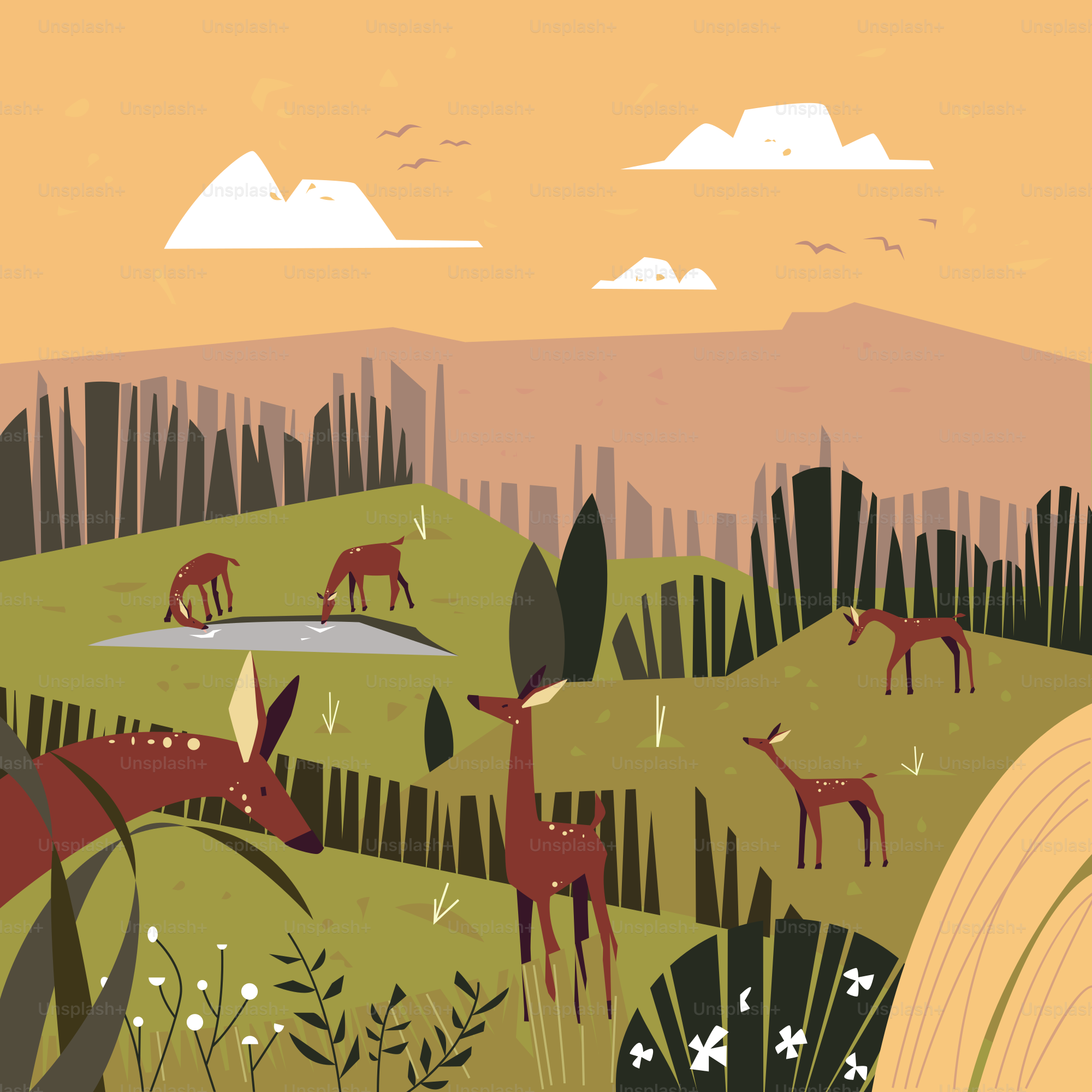 Deer graze peacefully in a stylized landscape.