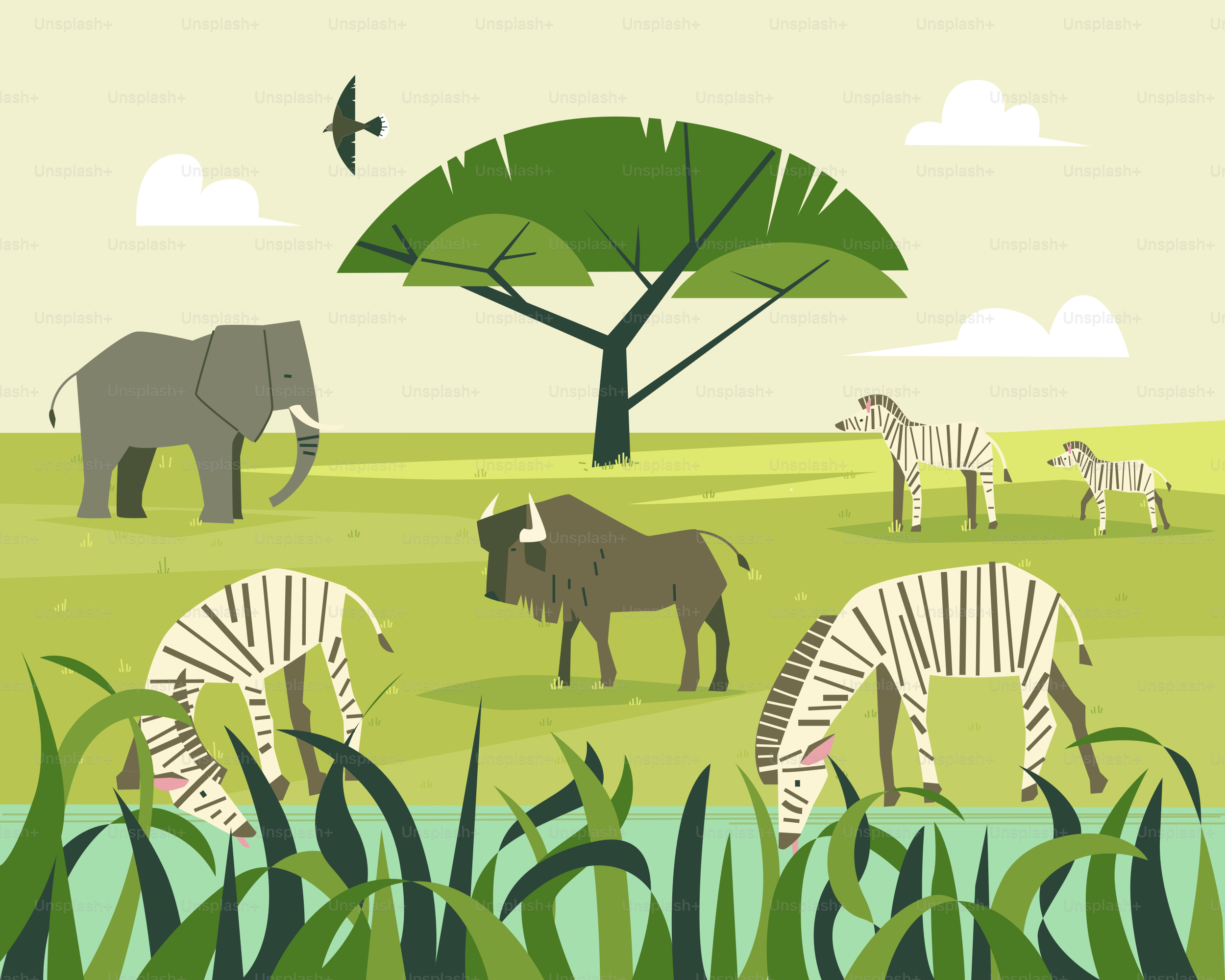 Savanna scene with diverse african animals.