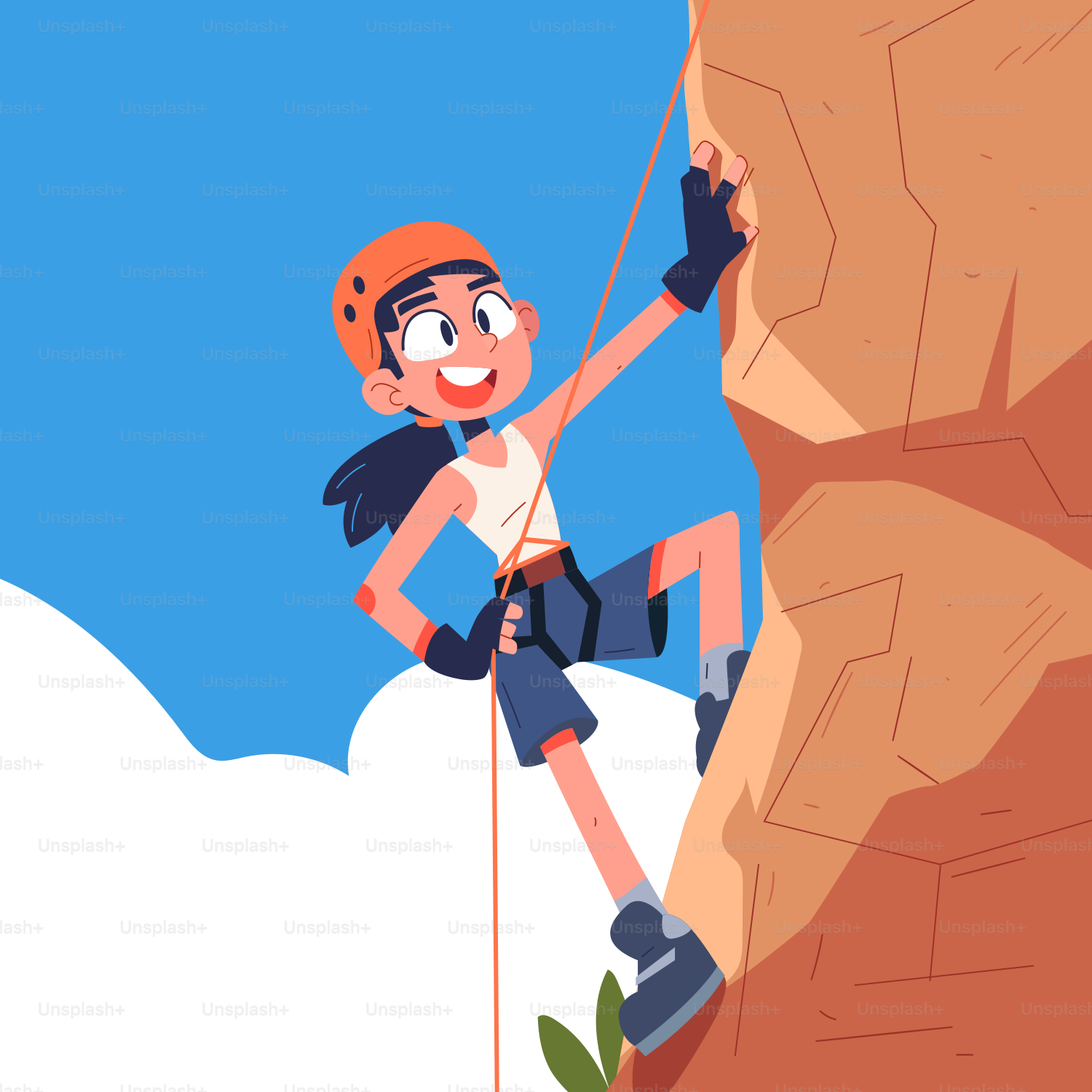 A girl climbs a rock wall.