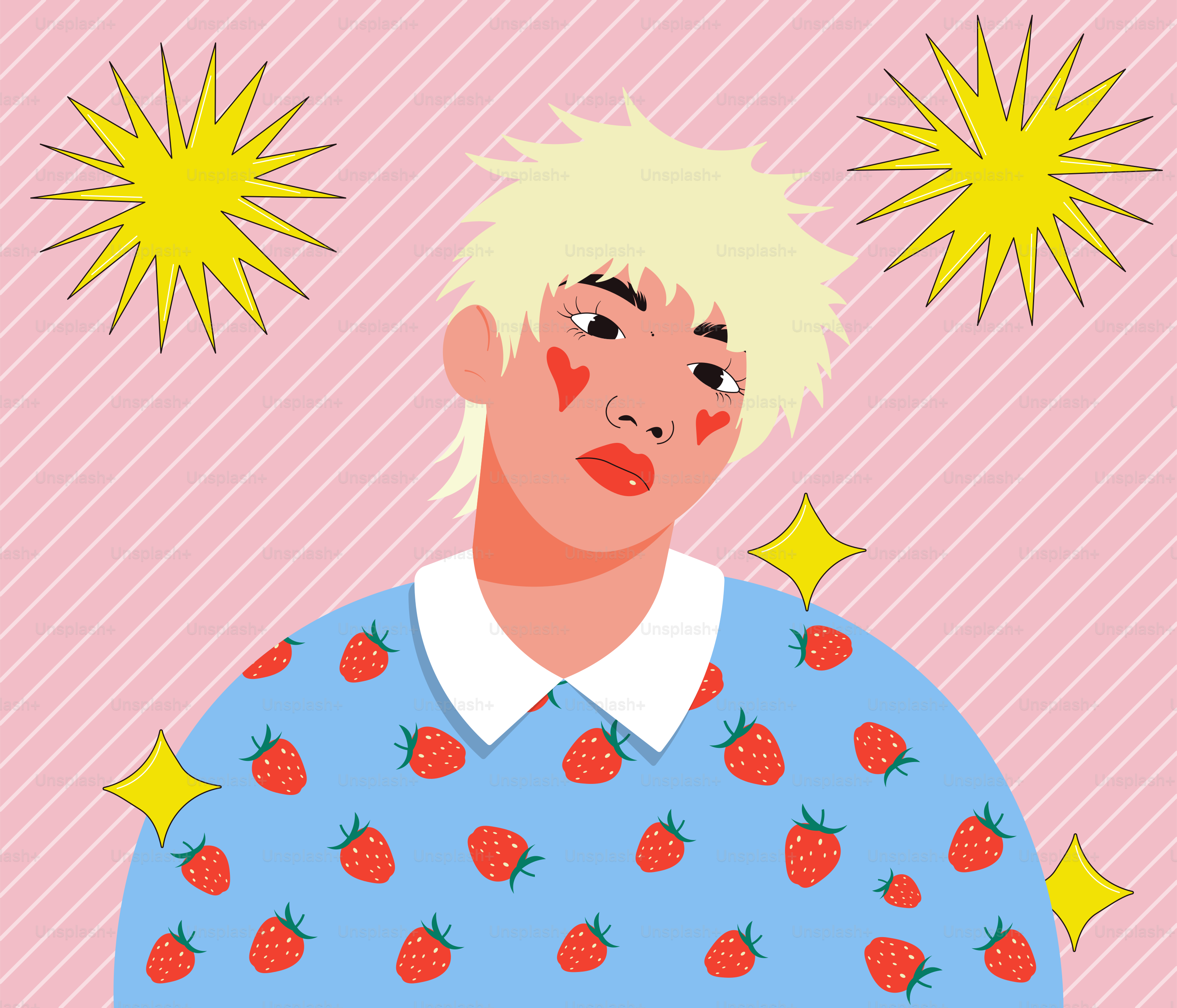 Eine niedliche Illustration einer Person mit Erdbeerpullover.