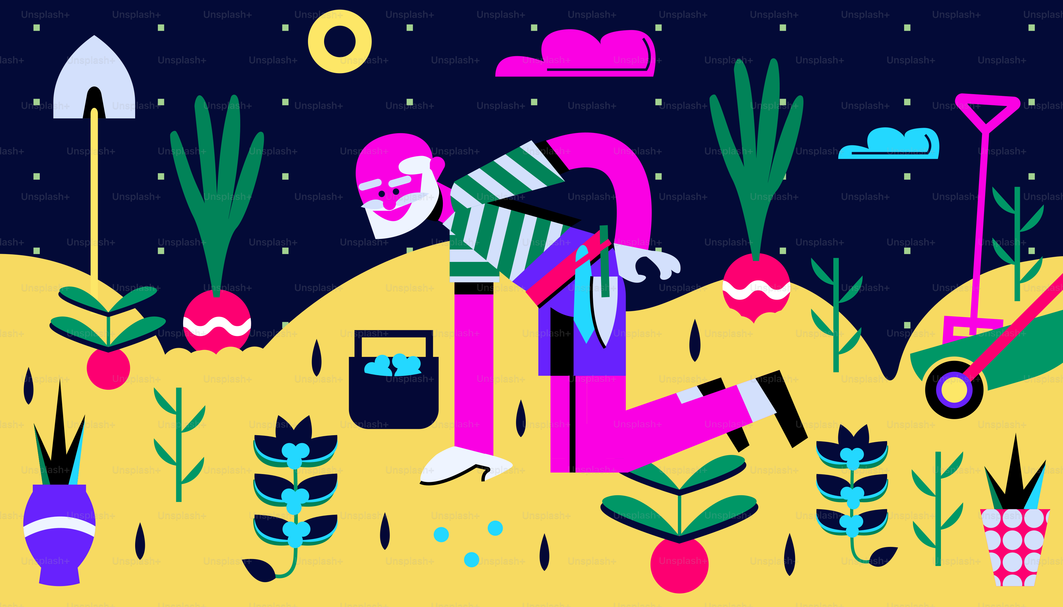 Man is gardening under a colorful night sky.