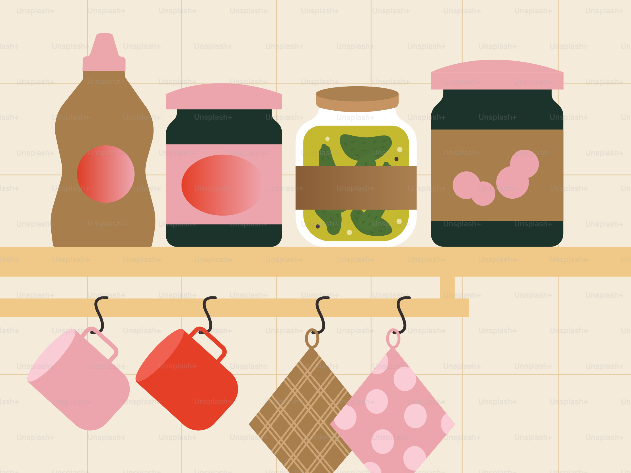 Kitchen shelf with jars, mugs, and towels.