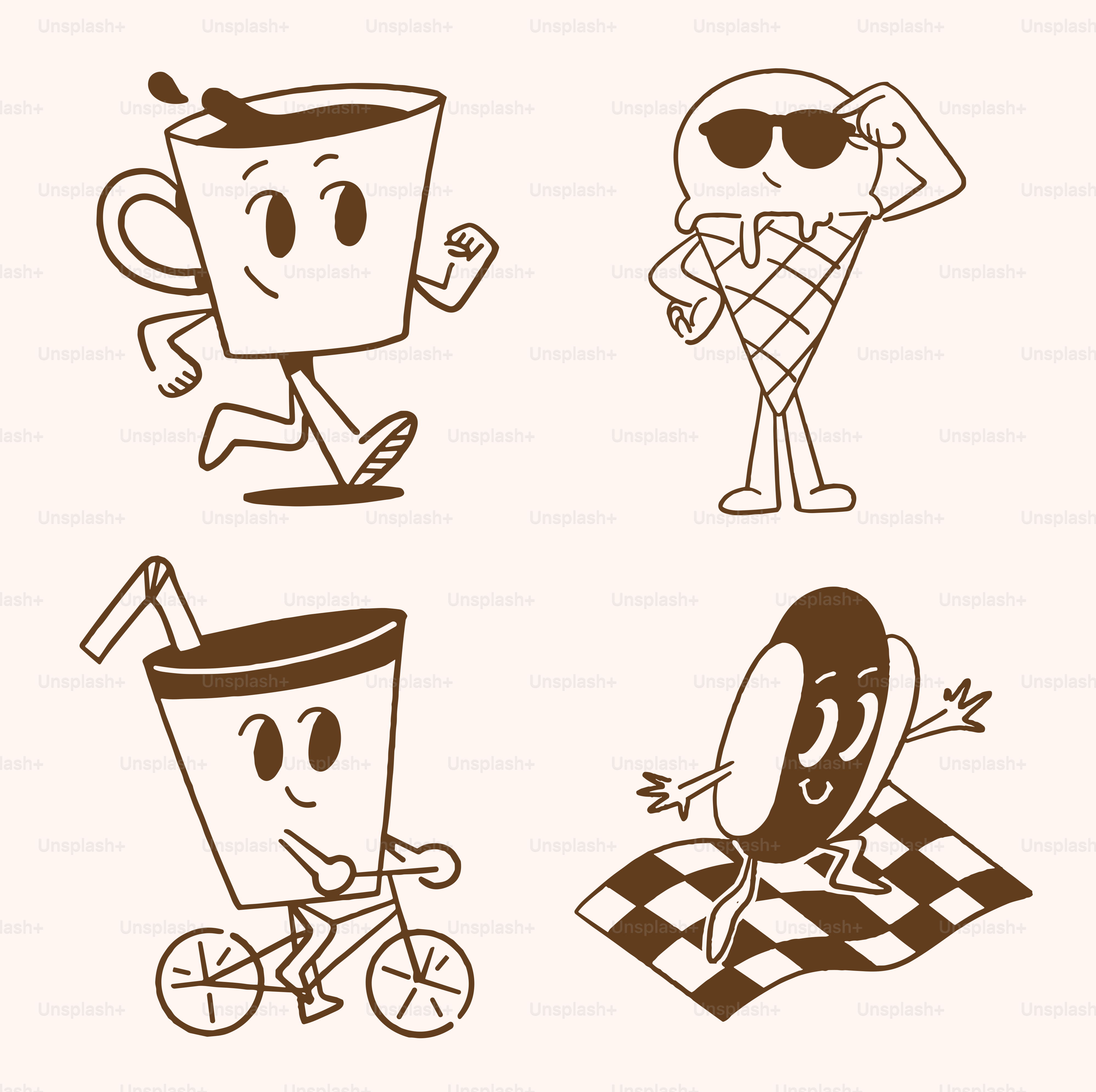 Fun food characters running, biking, and enjoying a picnic!
