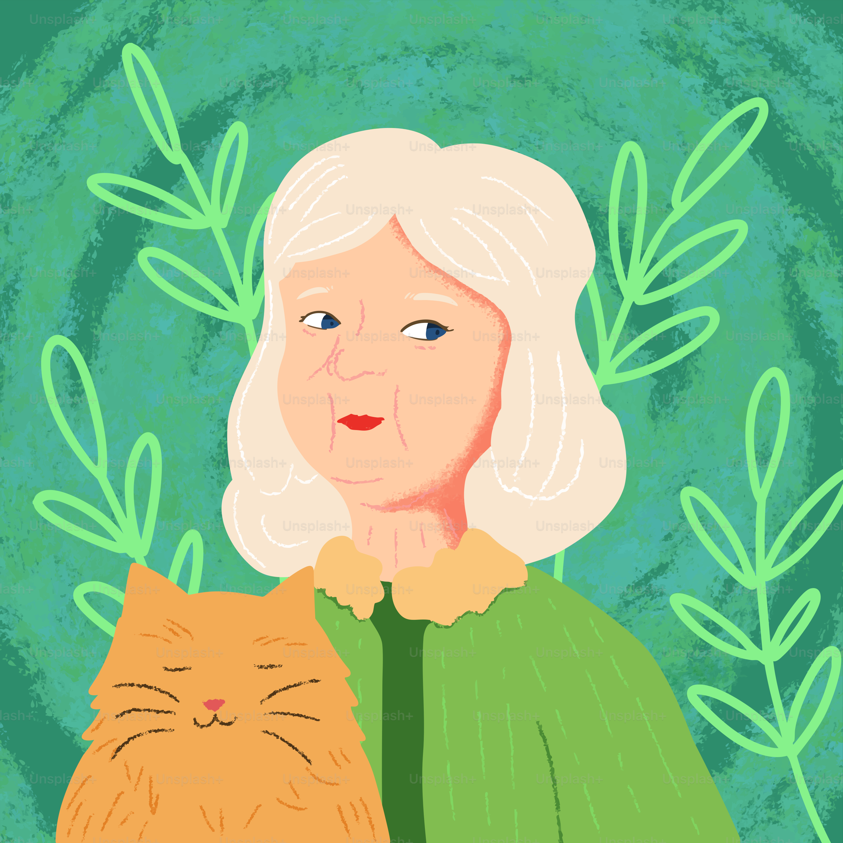 An elderly woman and her cat in a garden.