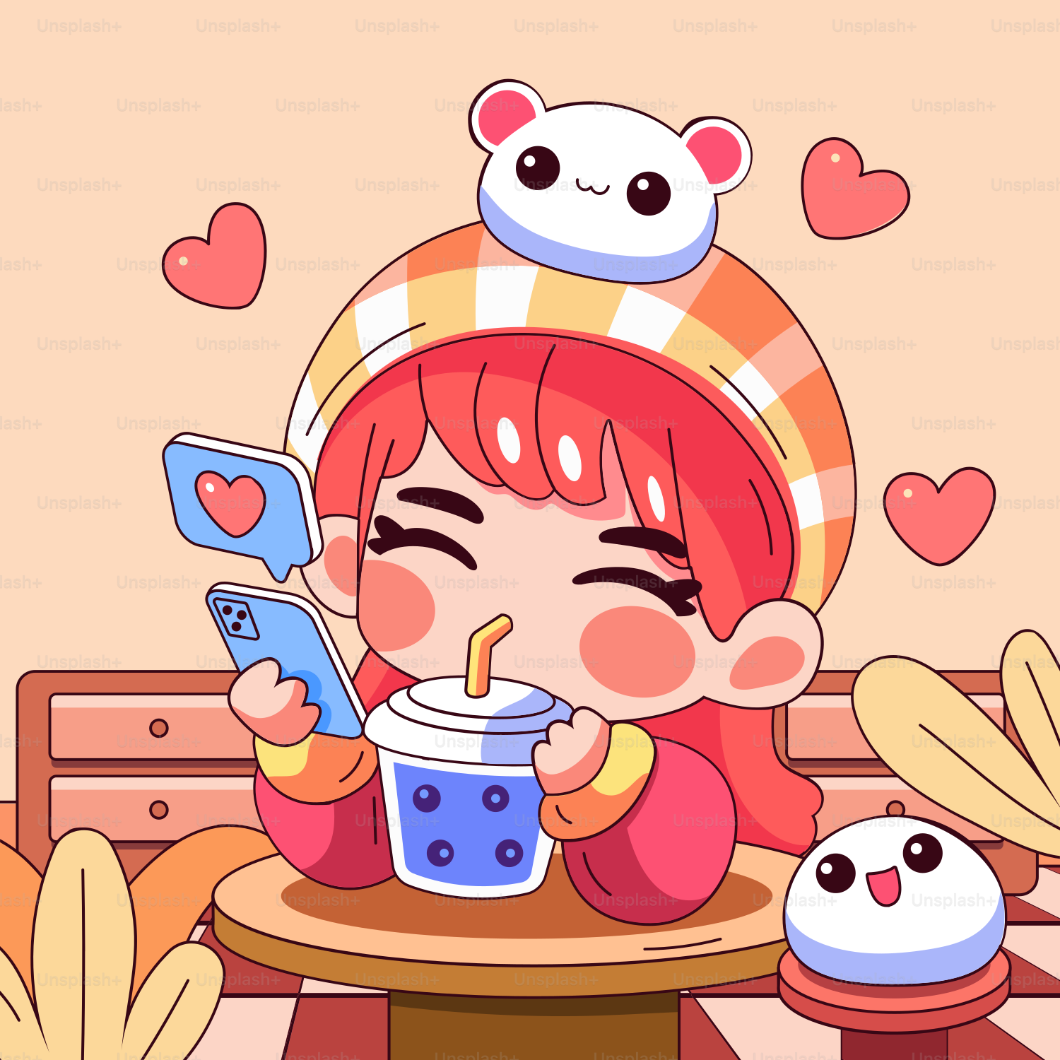 Cute cartoon girl enjoys drink and phone.