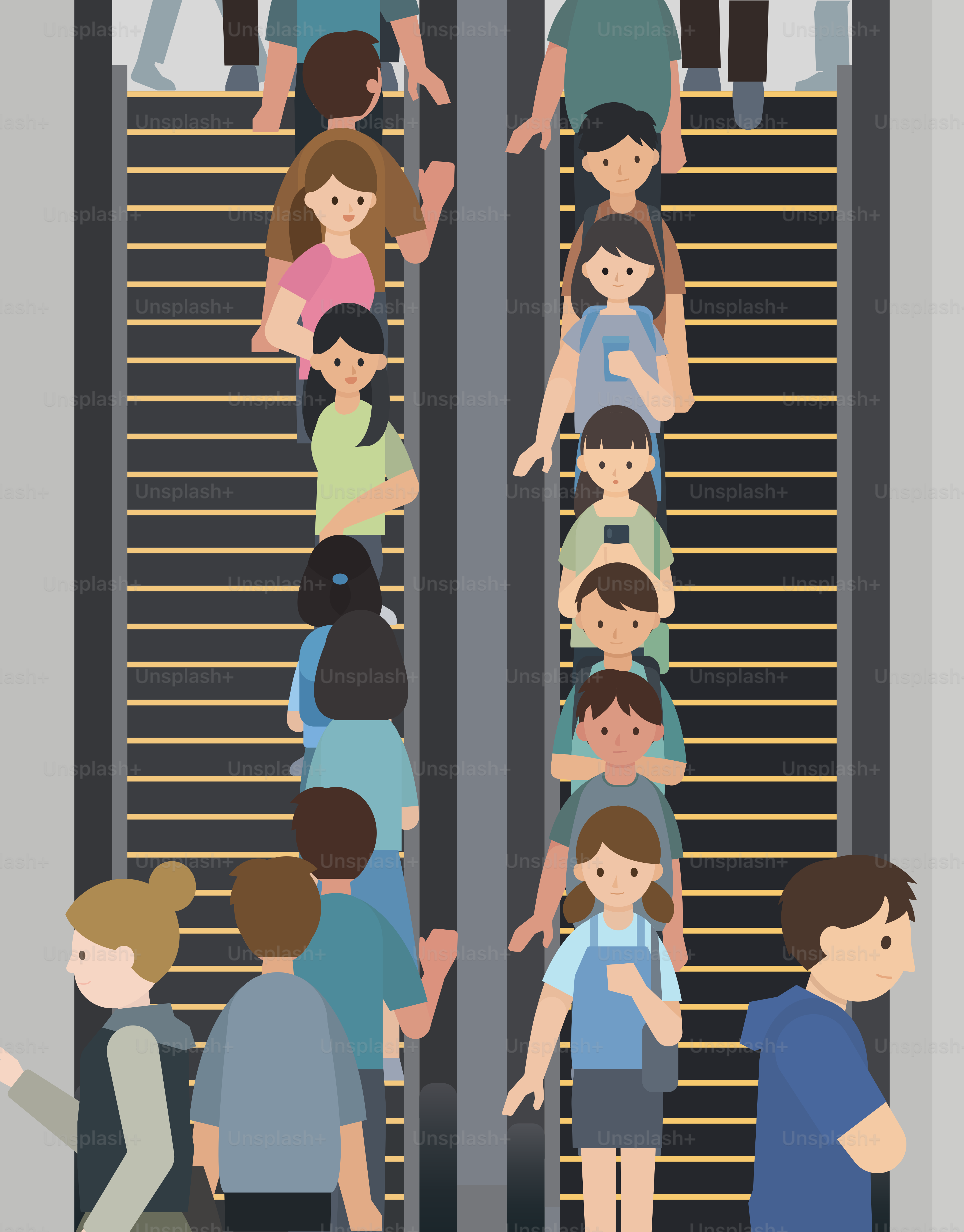 Le persone stanno prendendo le scale mobili in direzioni opposte.
