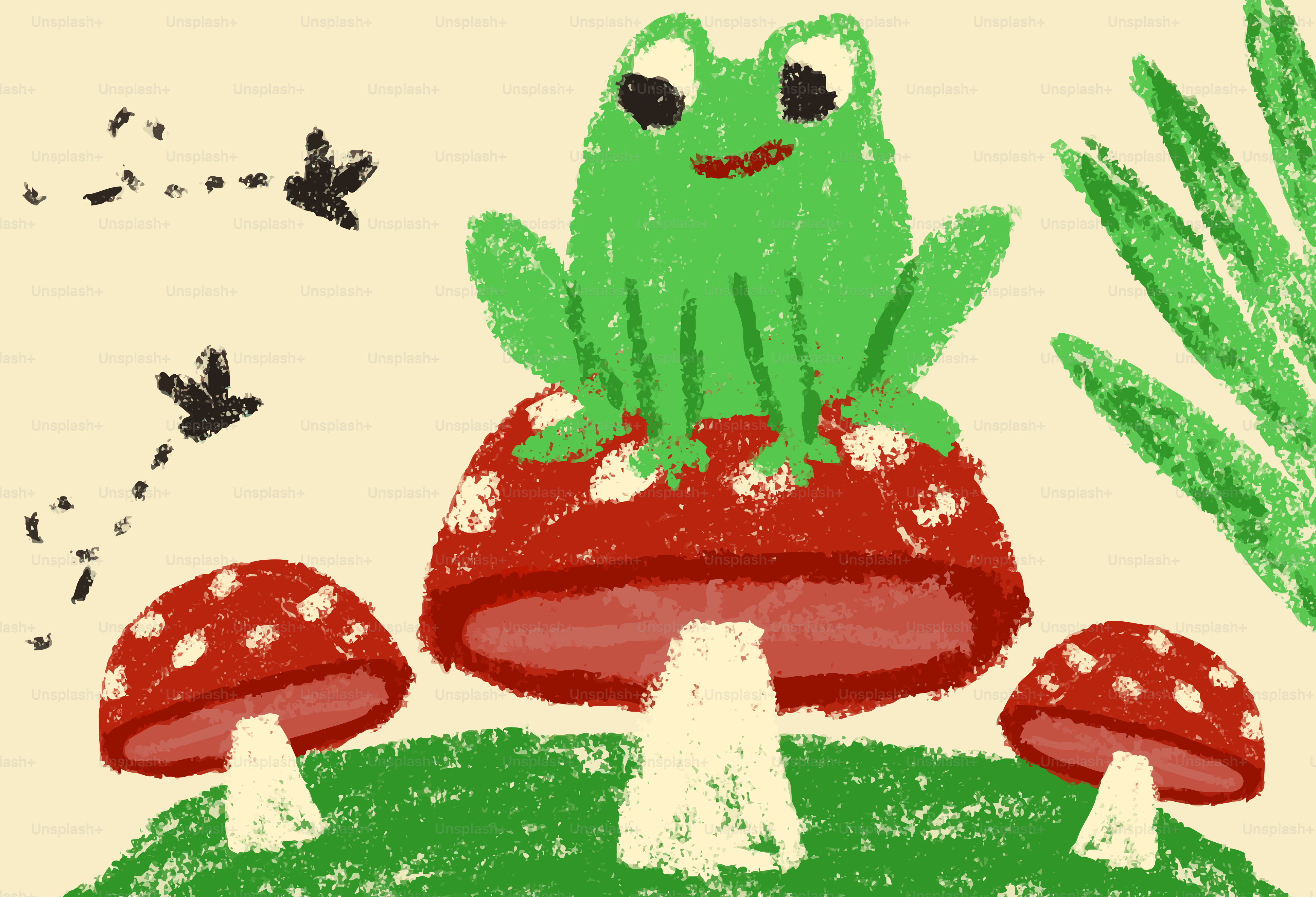 A frog sits atop a mushroom.
