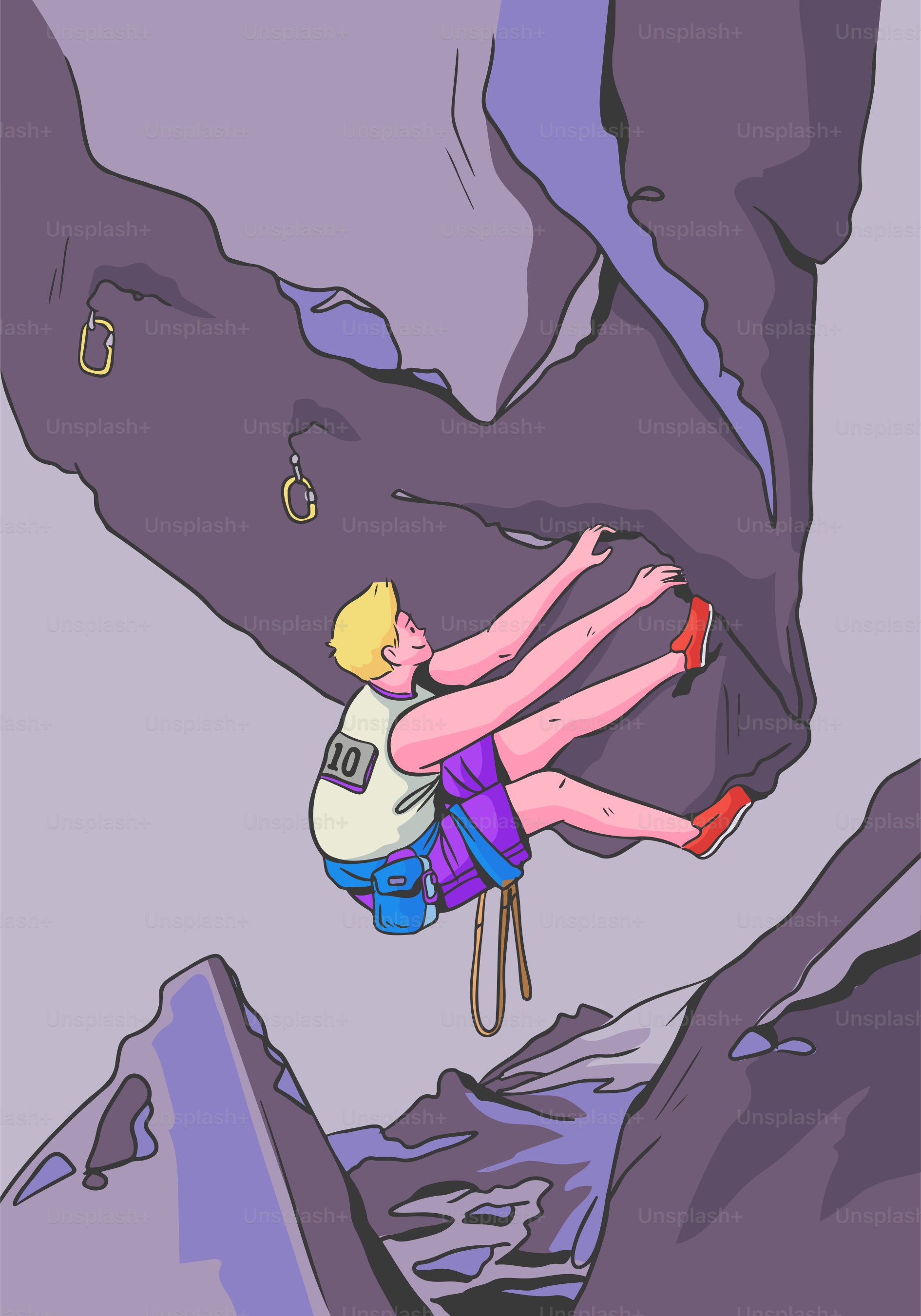 A climber hangs from a rocky overhang.
