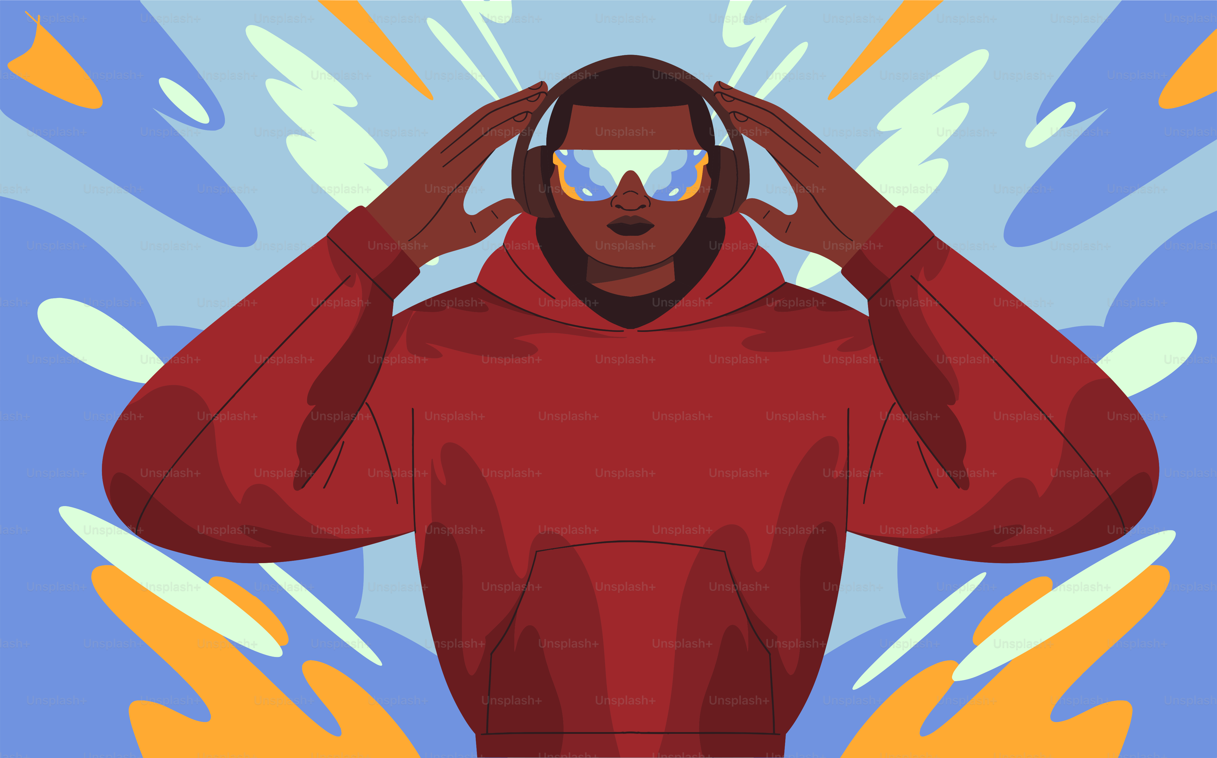 Persona che ascolta musica con cuffie e occhiali da sole.