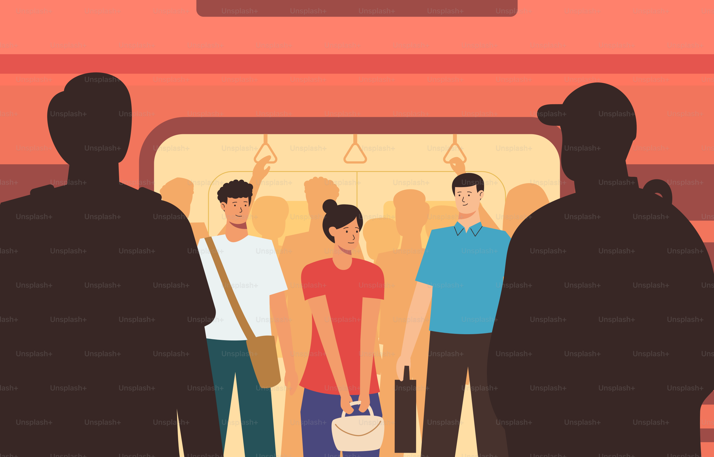 People are riding a crowded subway train.