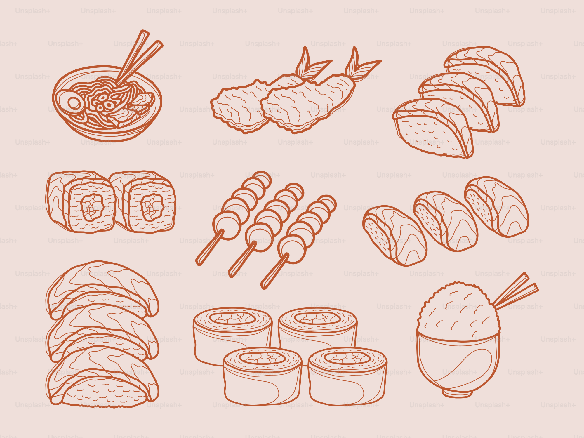 Japanese food illustrations are featured in this image.