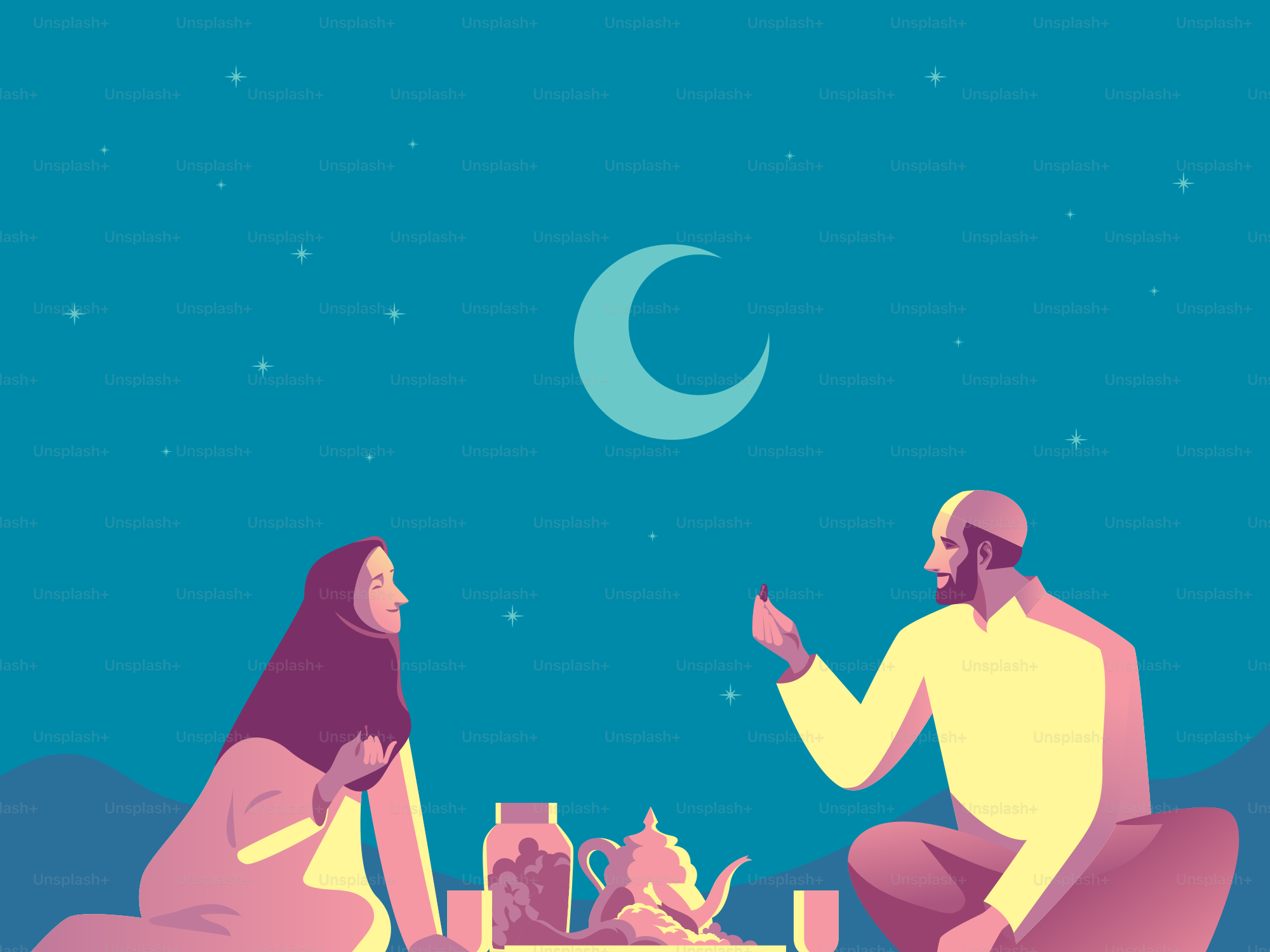 Muslim couple enjoying a moonlit night.