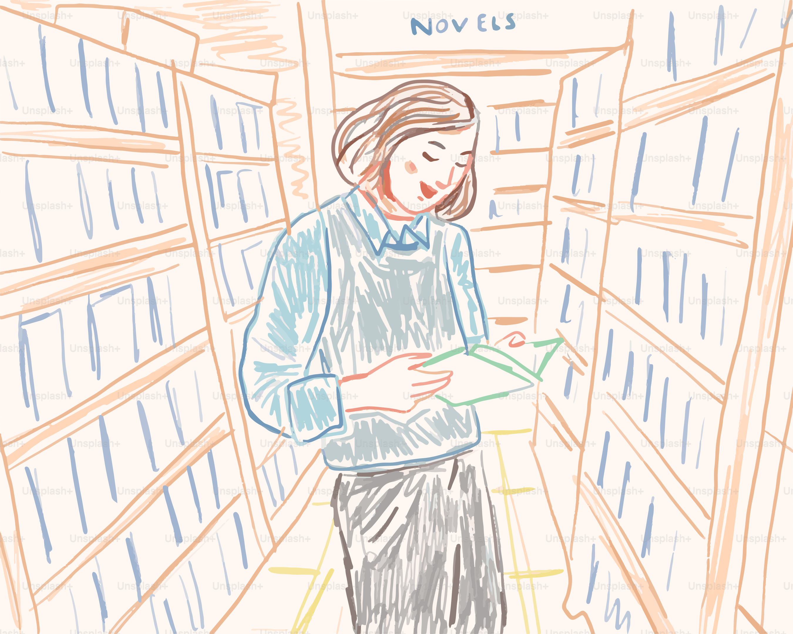 Wanita melihat-lihat novel di perpustakaan yang nyaman.